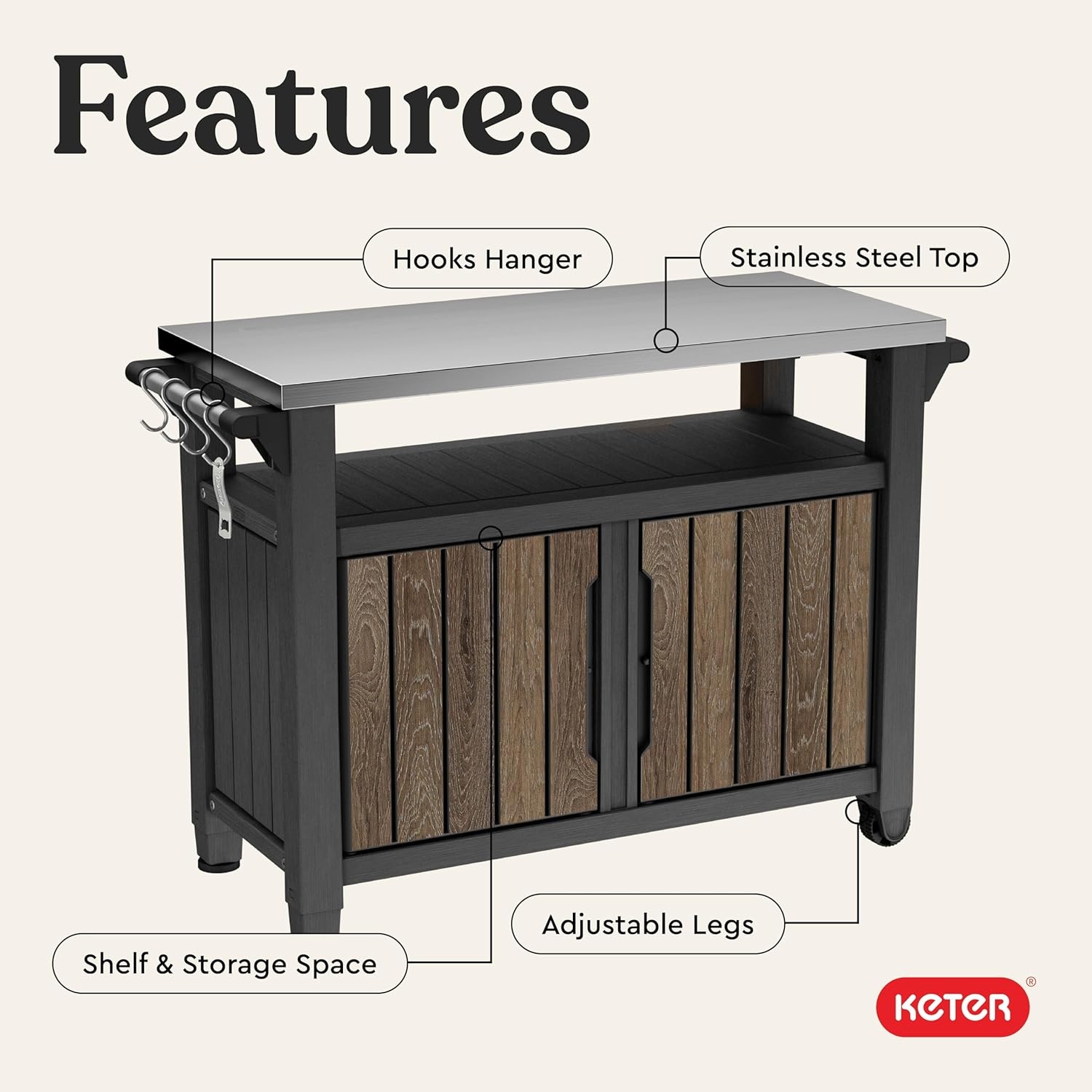 image:imageKeter Unity XL Portable Outdoor Table with Stainless Steel Top for Kitchen Prep and Outdoor Storage Cabinet for Grilling Accessories Dark GreyWalnut