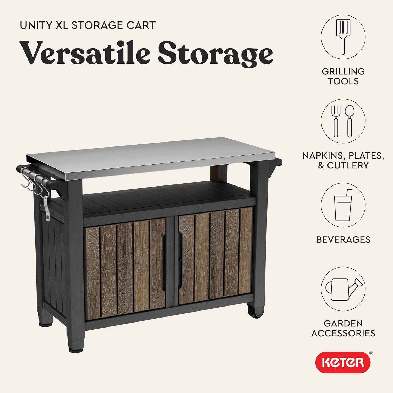 image:imageKeter Unity XL Portable Outdoor Table with Stainless Steel Top for Kitchen Prep and Outdoor Storage Cabinet for Grilling Accessories Dark GreyWalnut