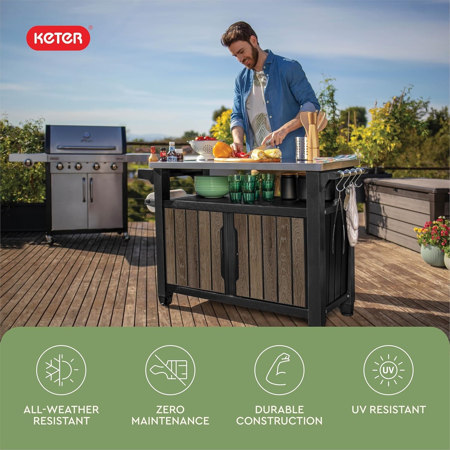 image:imageKeter Unity XL Portable Outdoor Table with Stainless Steel Top for Kitchen Prep and Outdoor Storage Cabinet for Grilling Accessories Dark GreyWalnut