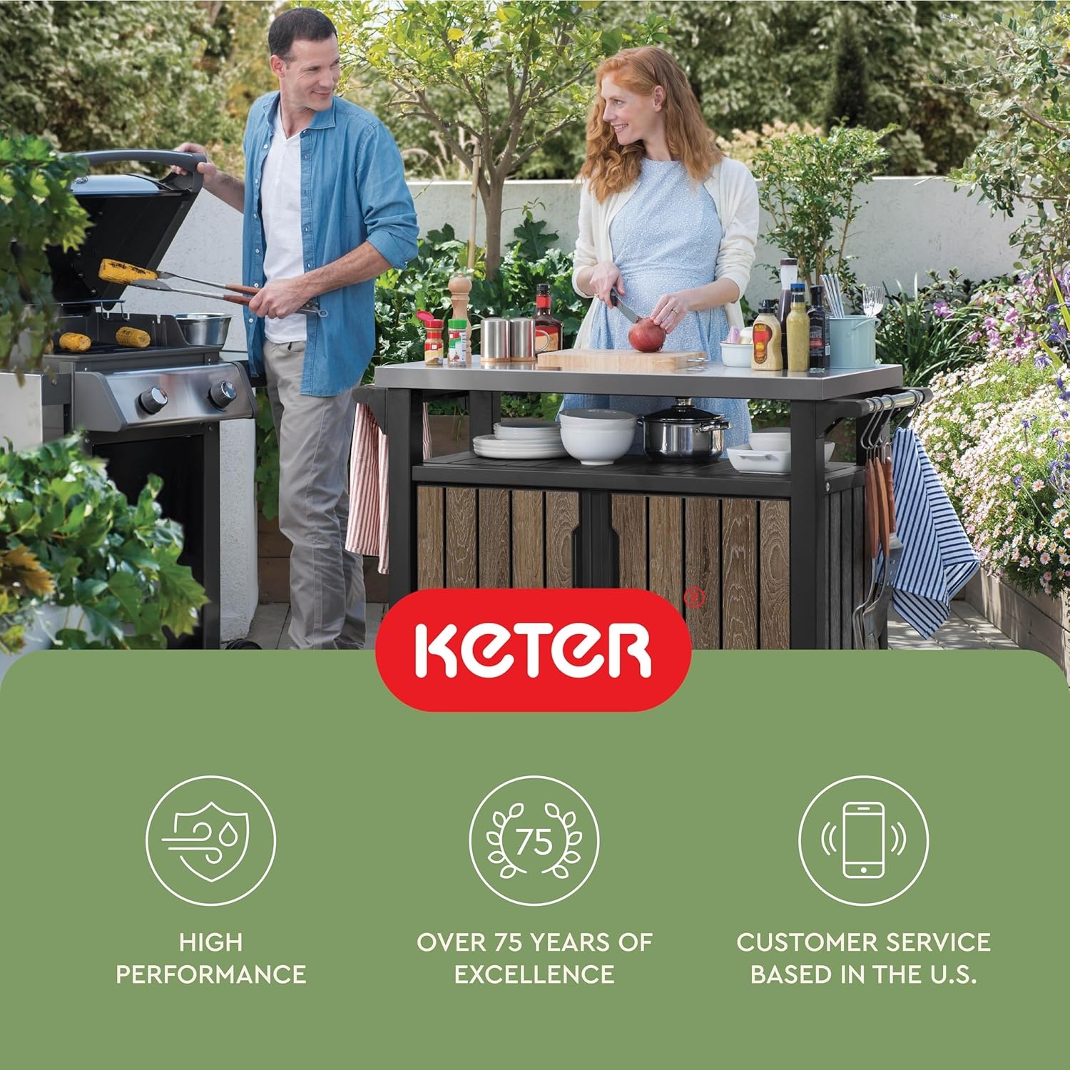 image:imageKeter Unity XL Portable Outdoor Table with Stainless Steel Top for Kitchen Prep and Outdoor Storage Cabinet for Grilling Accessories Dark GreyWalnut