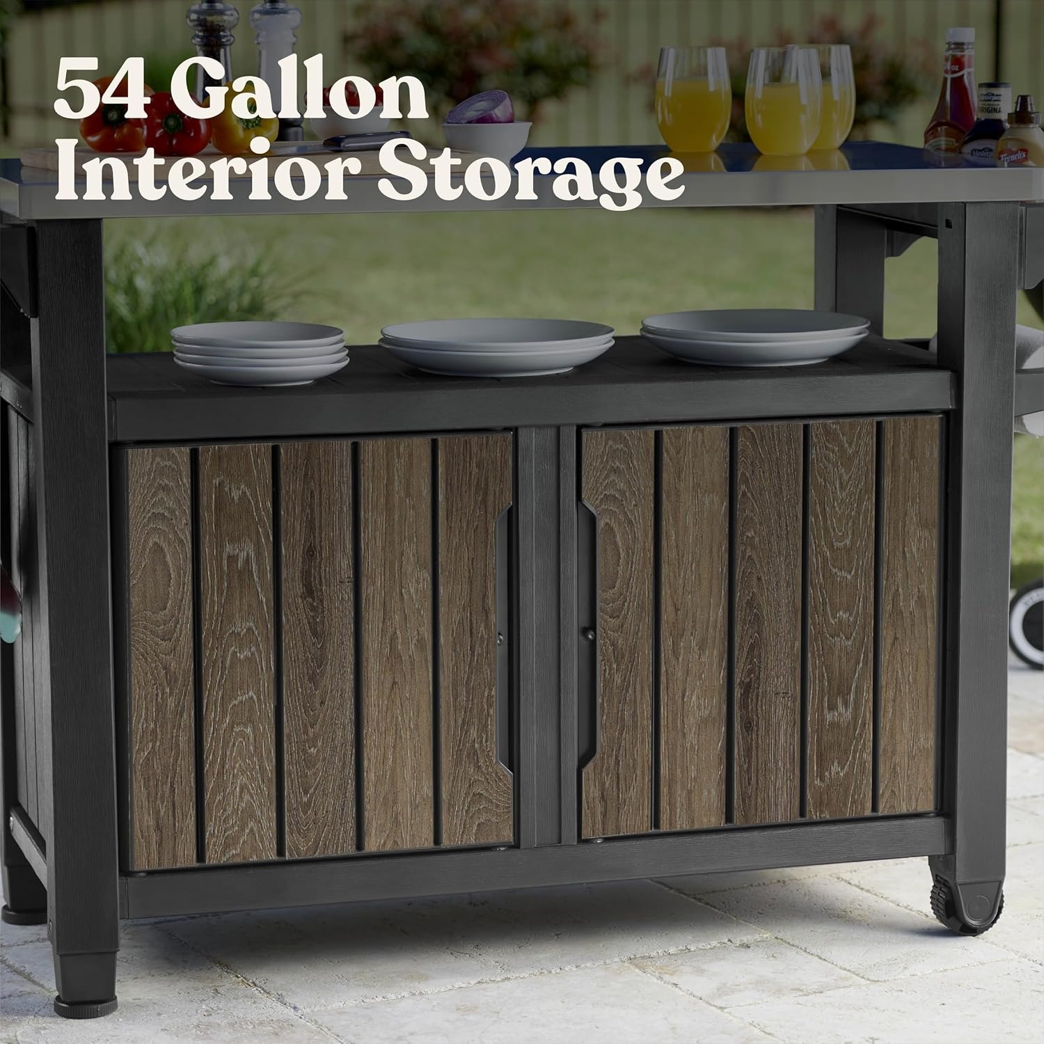 image:imageKeter Unity XL Portable Outdoor Table with Stainless Steel Top for Kitchen Prep and Outdoor Storage Cabinet for Grilling Accessories Dark GreyWalnut