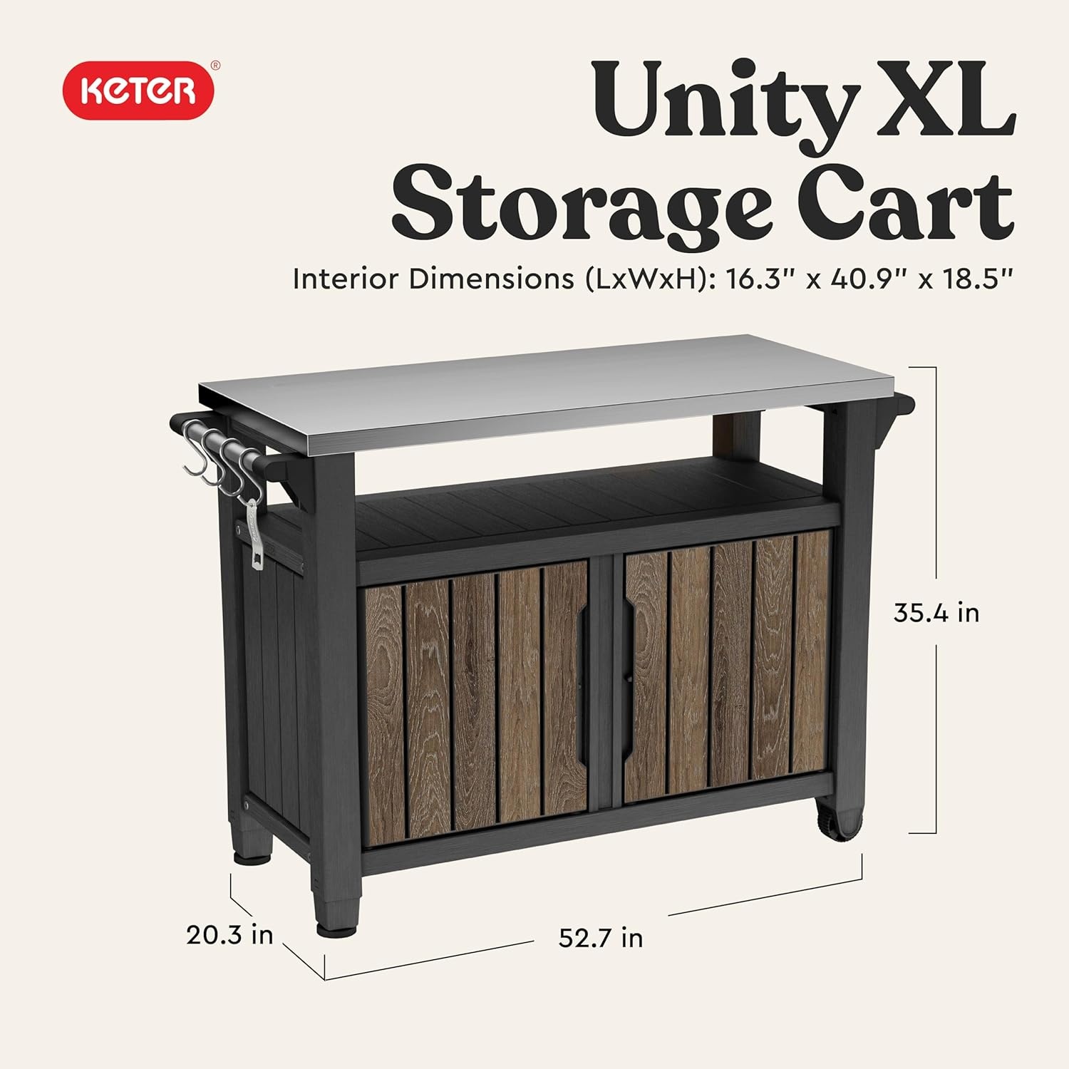 image:imageKeter Unity XL Portable Outdoor Table with Stainless Steel Top for Kitchen Prep and Outdoor Storage Cabinet for Grilling Accessories Dark GreyWalnut