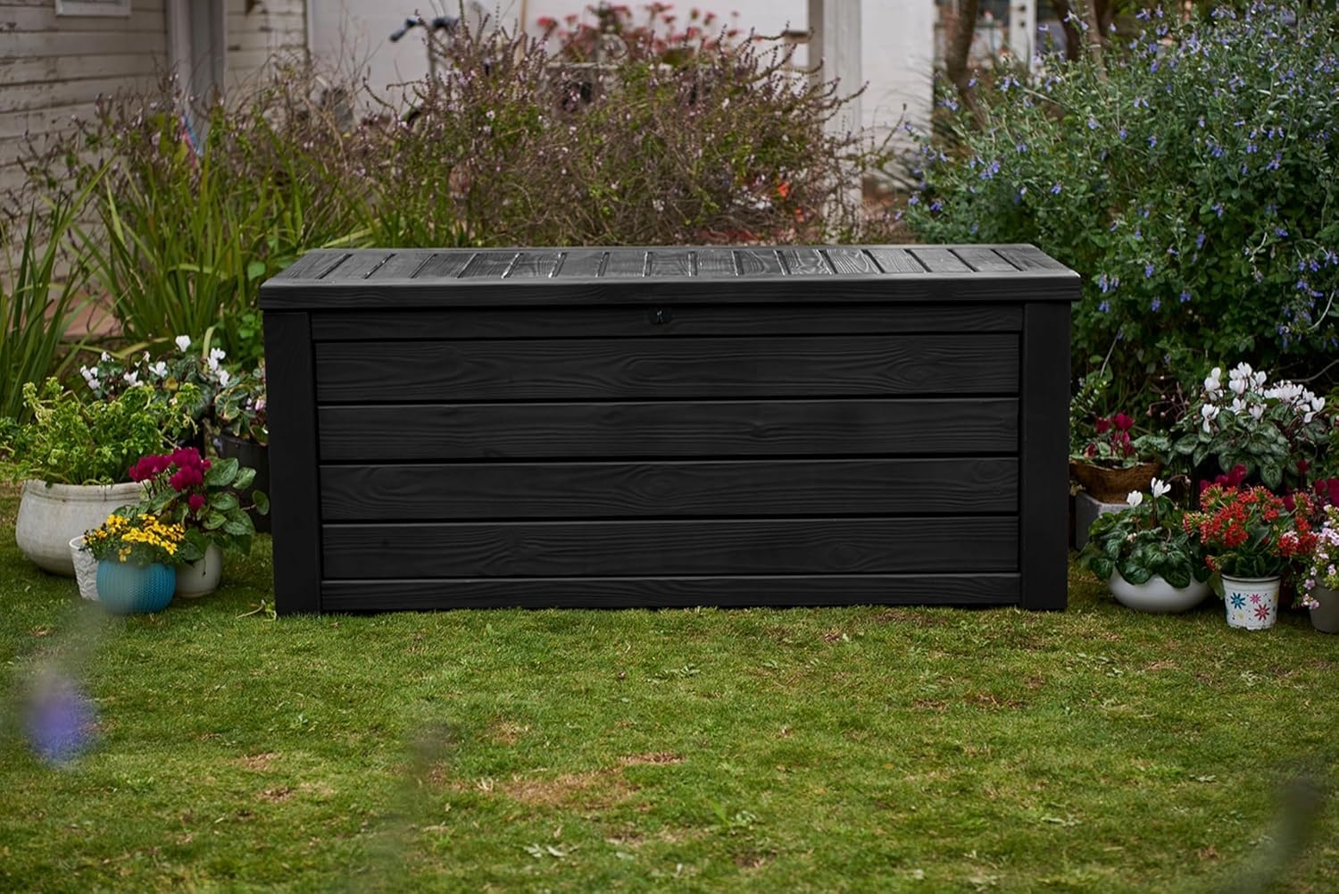 image:imageKeter Westwood 150 Gallon Resin Large Outdoor Storage Box for Patio Furniture Outdoor Cushions Garden Tools and Pool Floats BeigeDark Grey