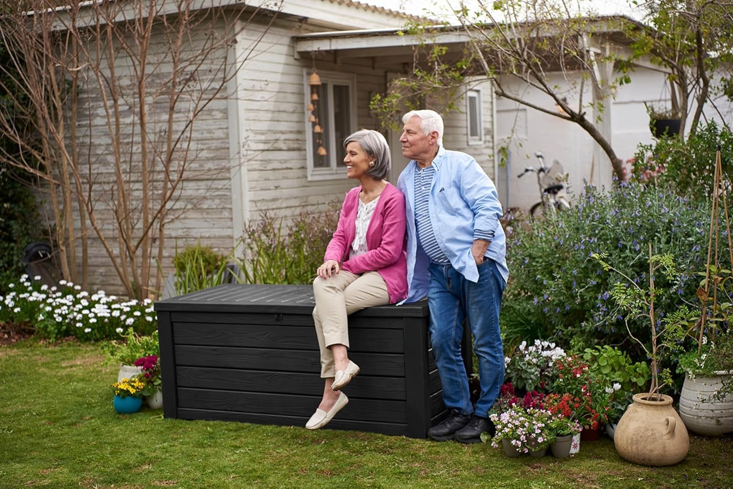 image:imageKeter Westwood 150 Gallon Resin Large Outdoor Storage Box for Patio Furniture Outdoor Cushions Garden Tools and Pool Floats BeigeDark Grey