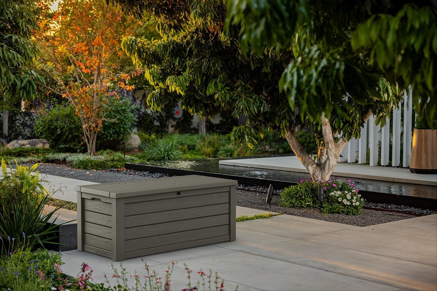 image:imageKeter Westwood 150 Gallon Resin Large Outdoor Storage Box for Patio Furniture Outdoor Cushions Garden Tools and Pool Floats BeigeMossy Brown