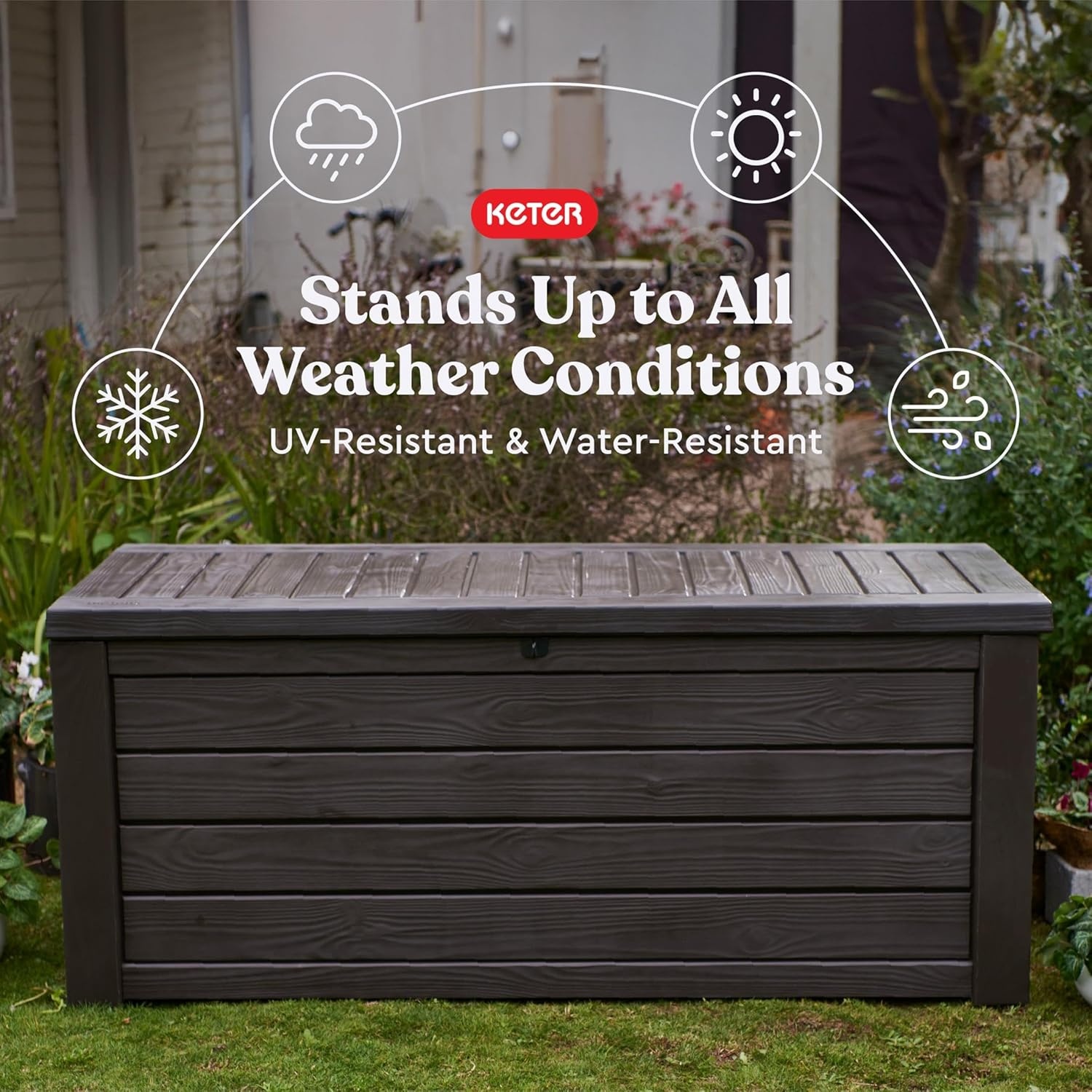 image:imageKeter Westwood 150 Gallon Resin Large Outdoor Storage Box for Patio Furniture Outdoor Cushions Garden Tools and Pool Floats Dark GreyBrown