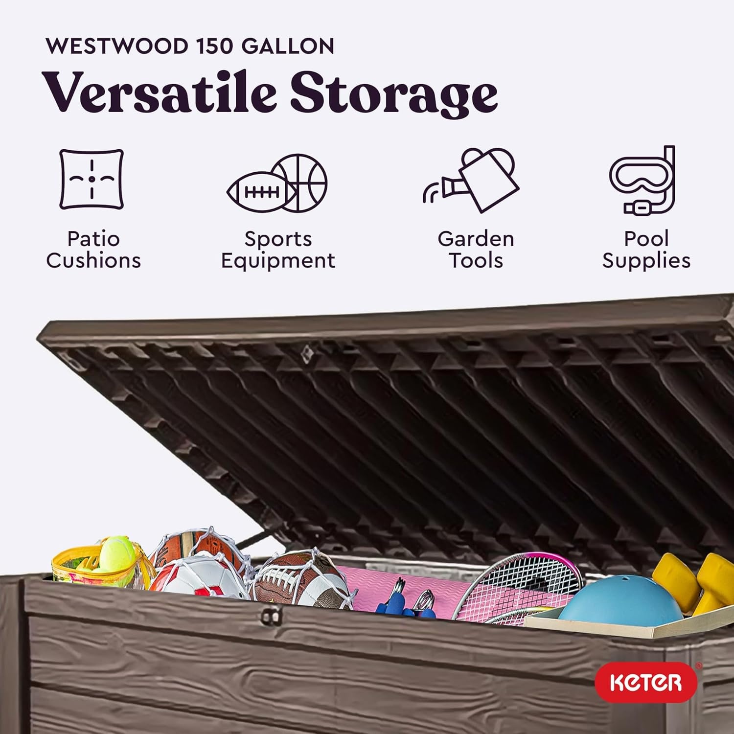 image:imageKeter Westwood 150 Gallon Resin Large Outdoor Storage Box for Patio Furniture Outdoor Cushions Garden Tools and Pool Floats Dark GreyBrown