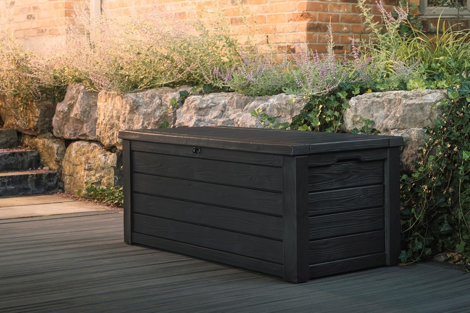 image:imageKeter Westwood 150 Gallon Resin Large Outdoor Storage Box for Patio Furniture Outdoor Cushions Garden Tools and Pool Floats Dark GreyDark Grey