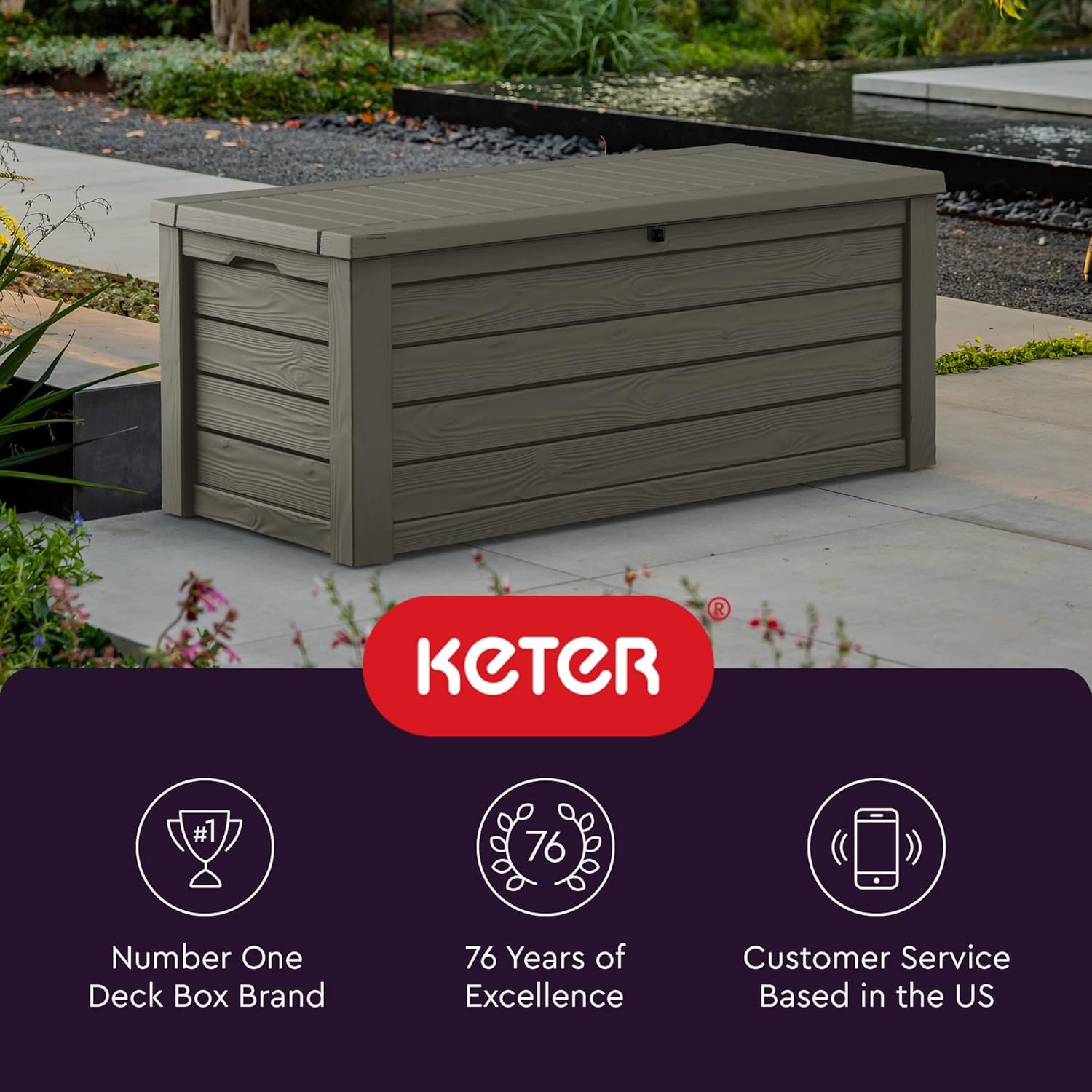 image:imageKeter Westwood 150 Gallon Resin Large Outdoor Storage Box for Patio Furniture Outdoor Cushions Garden Tools and Pool Floats Dark GreyMossy Brown