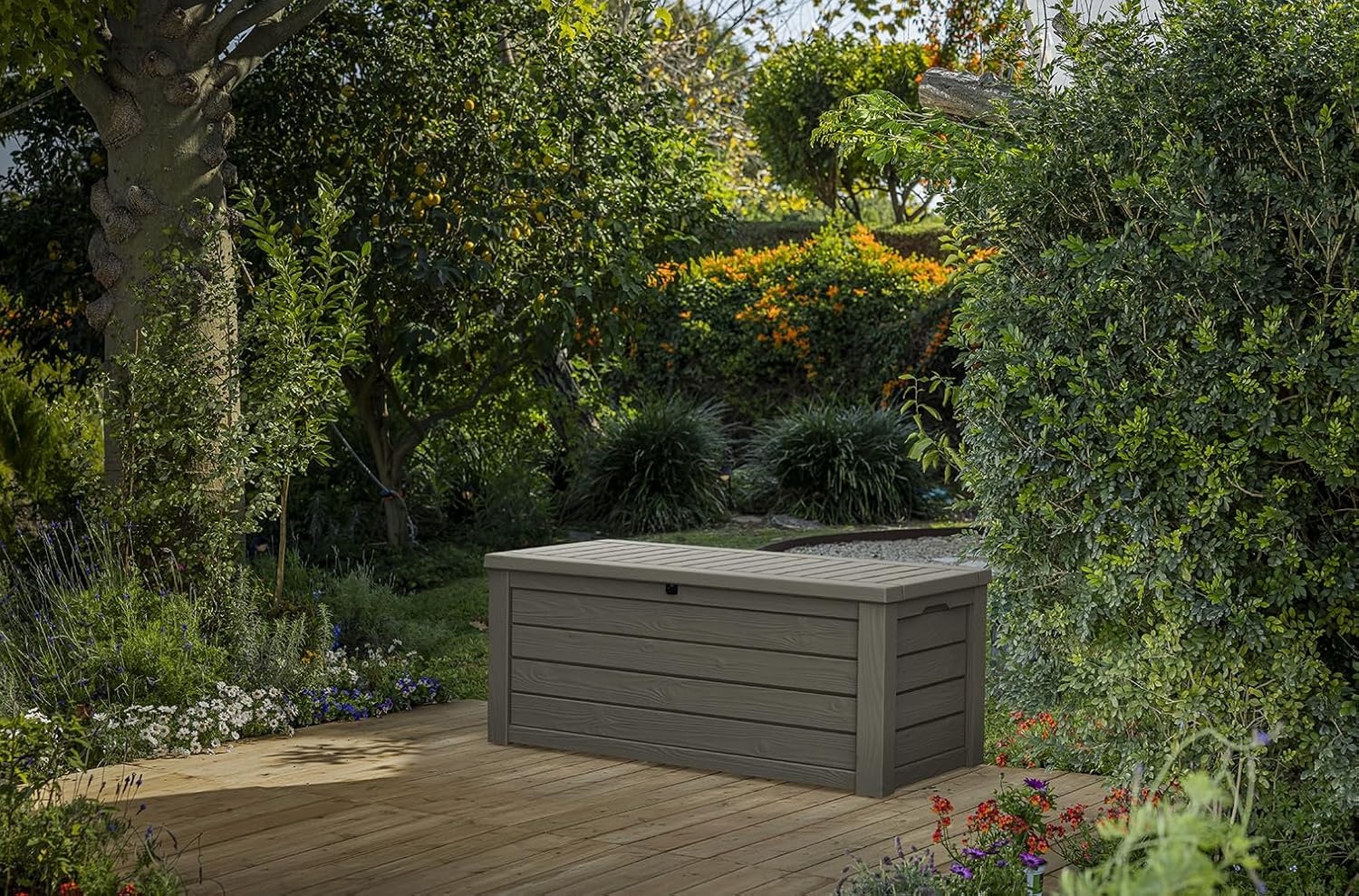 image:imageKeter Westwood 150 Gallon Resin Large Outdoor Storage Box for Patio Furniture Outdoor Cushions Garden Tools and Pool Floats Dark GreyMossy Brown
