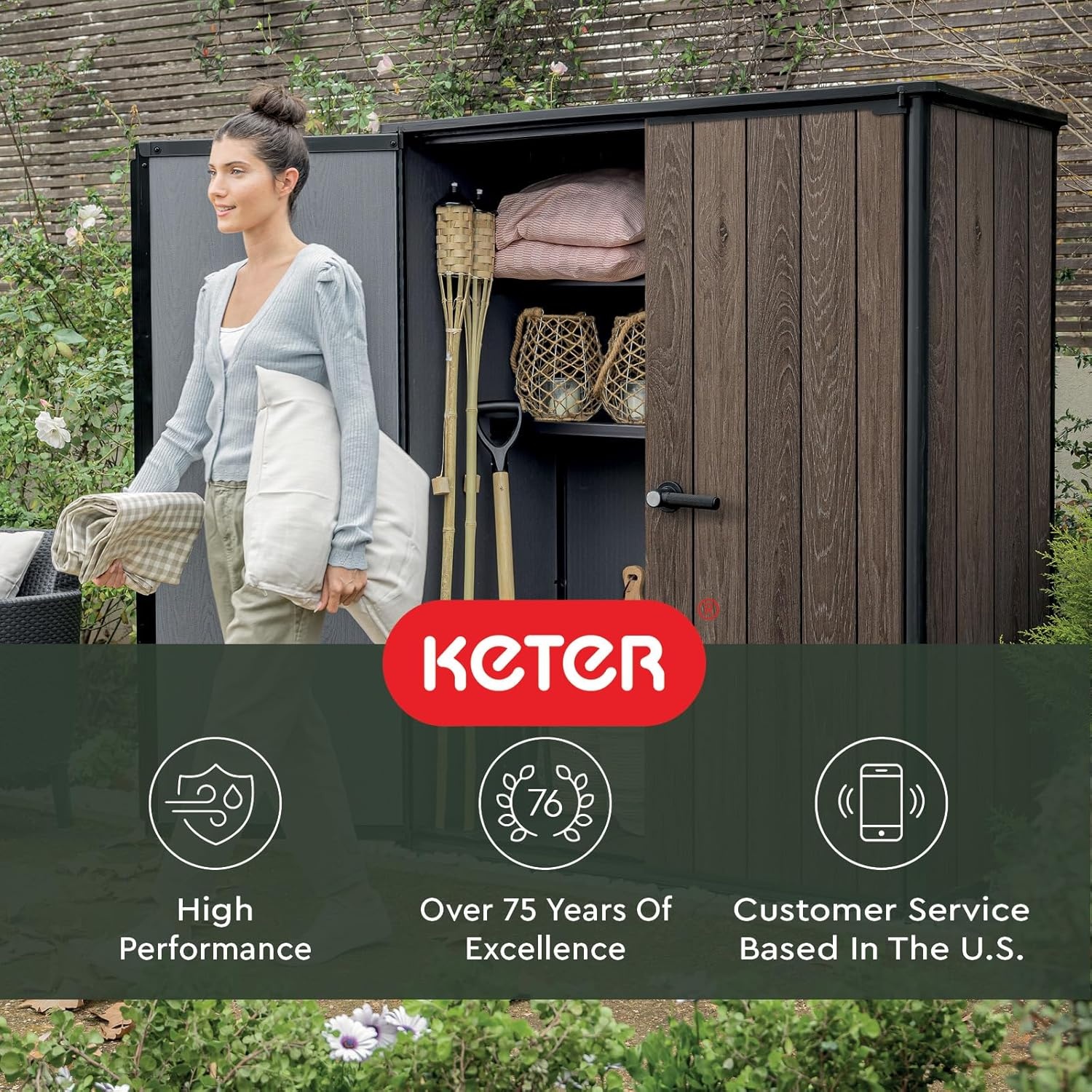 image:imageSignature Collection Vertical Outdoor Storage Shed WeatherResistant Resin Storage Cabinet with Double Doors amp HeavyDuty Floor WalnutWalnut