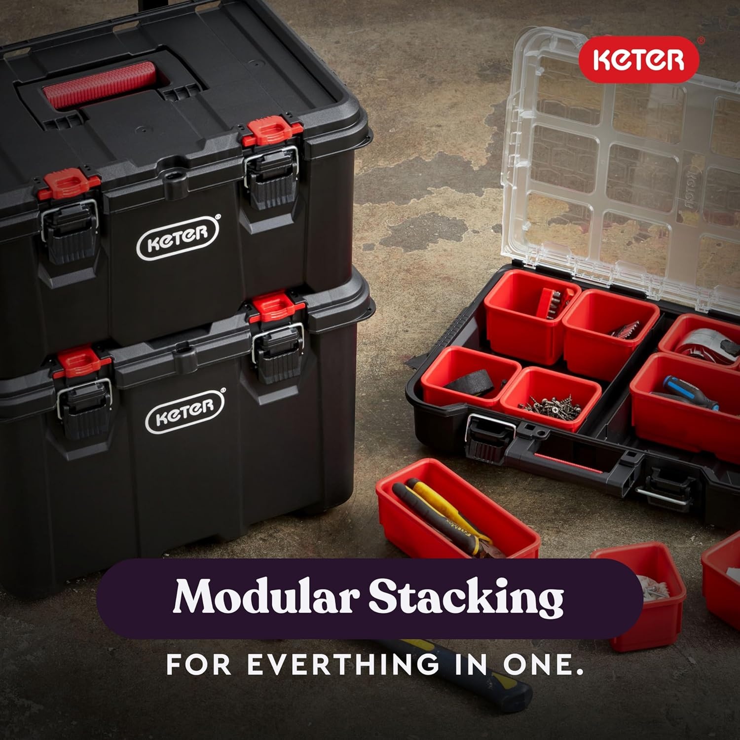 image:imageStack N Roll 4Piece Rolling Tool Storage System Includes Large Rolling Tool Box 2Drawer Tool Box amp 2 Tray Organizers Modular Stackable Tool Storage with Wheels for Garage amp Workshop3PC System