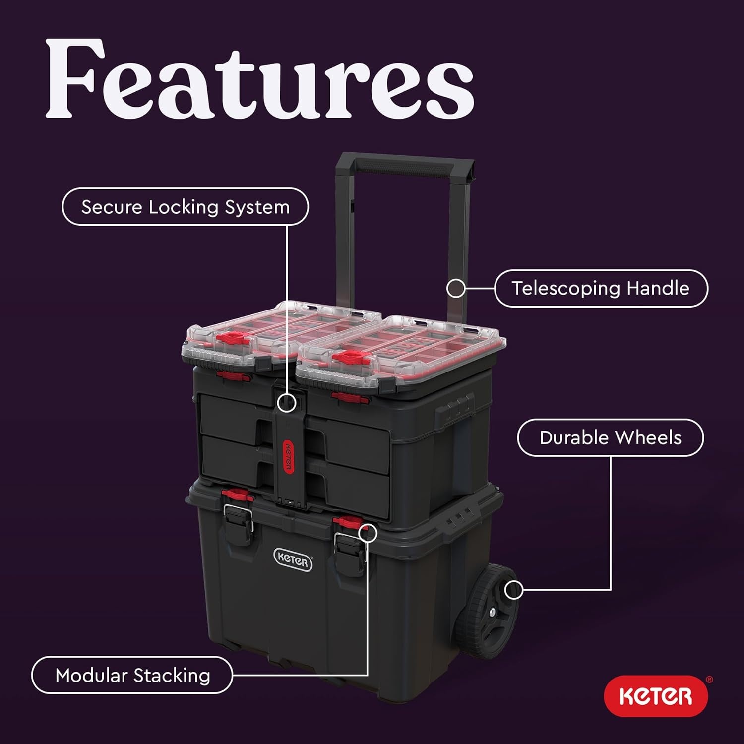 image:imageStack N Roll 4Piece Rolling Tool Storage System Includes Large Rolling Tool Box 2Drawer Tool Box amp 2 Tray Organizers Modular Stackable Tool Storage with Wheels for Garage amp Workshop4PC System