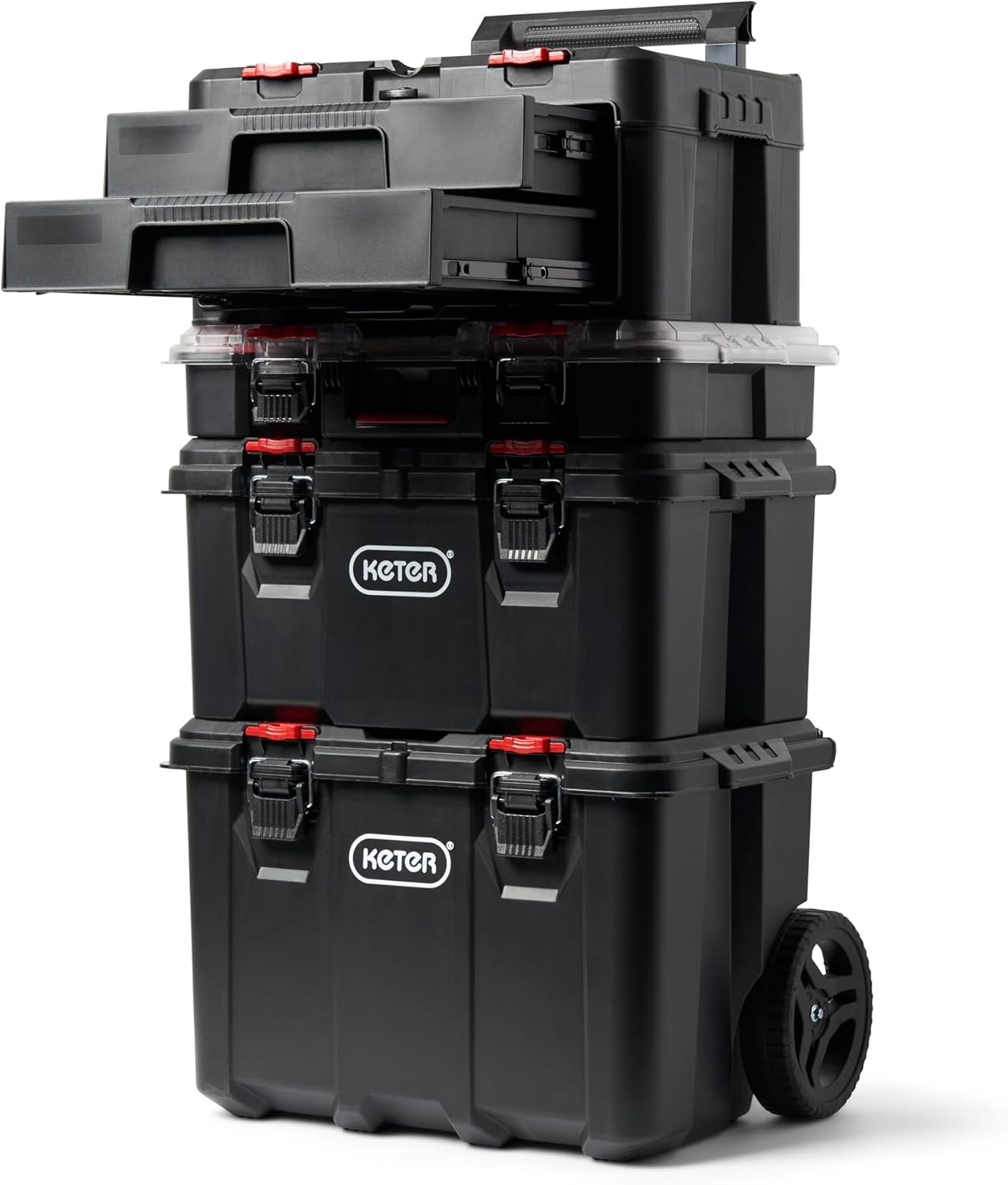image:imageStack N Roll 4Piece Rolling Tool Storage System Includes Large Rolling Tool Box 2Drawer Tool Box amp 2 Tray Organizers Modular Stackable Tool Storage with Wheels for Garage amp Workshop2 Drawer