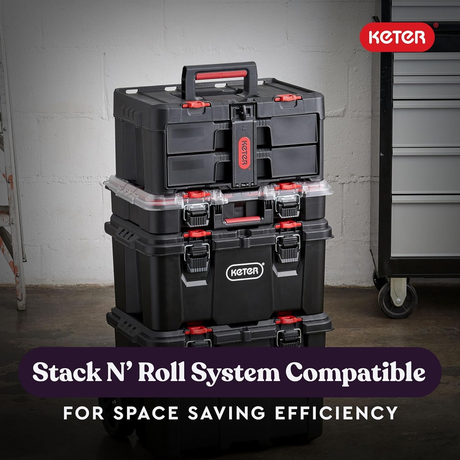 image:imageStack N Roll 4Piece Rolling Tool Storage System Includes Large Rolling Tool Box 2Drawer Tool Box amp 2 Tray Organizers Modular Stackable Tool Storage with Wheels for Garage amp Workshop2 Drawer