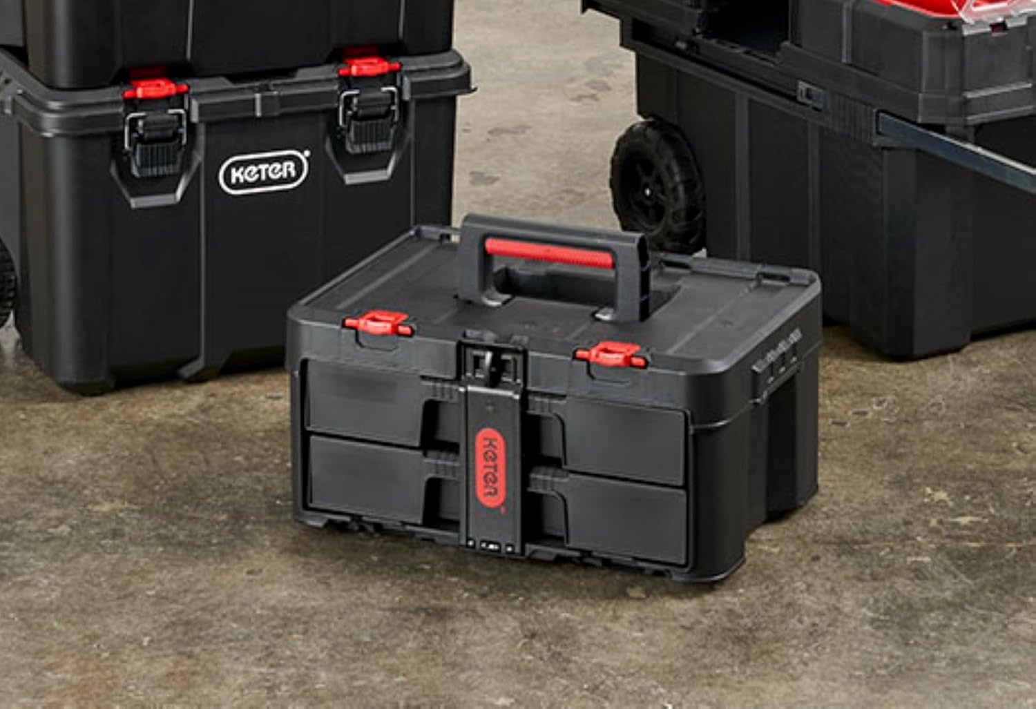 image:imageStack N Roll 4Piece Rolling Tool Storage System Includes Large Rolling Tool Box 2Drawer Tool Box amp 2 Tray Organizers Modular Stackable Tool Storage with Wheels for Garage amp Workshop2 Drawer