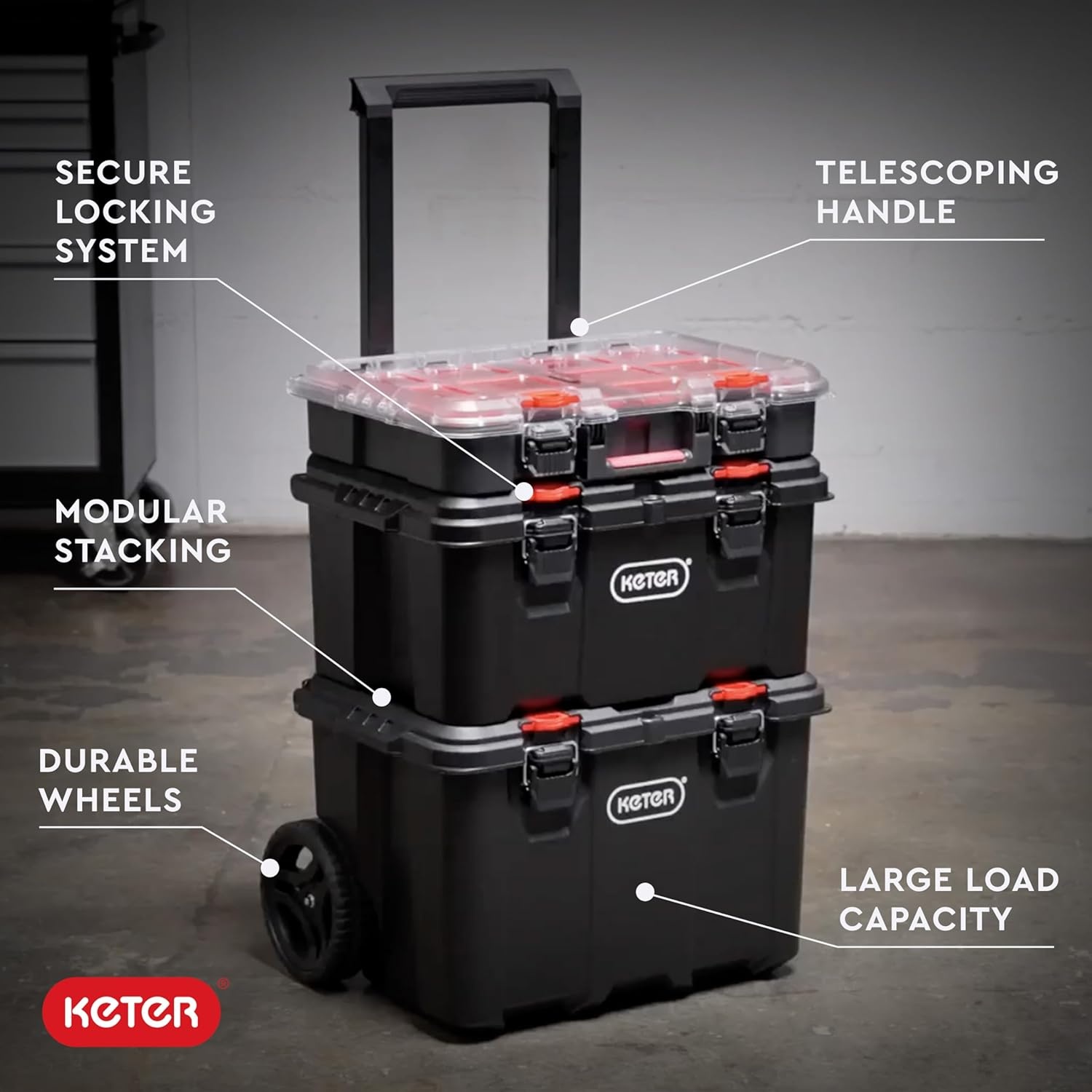 image:imageStack N Roll 4Piece Rolling Tool Storage System Includes Large Rolling Tool Box 2Drawer Tool Box amp 2 Tray Organizers Modular Stackable Tool Storage with Wheels for Garage amp Workshop3PC System