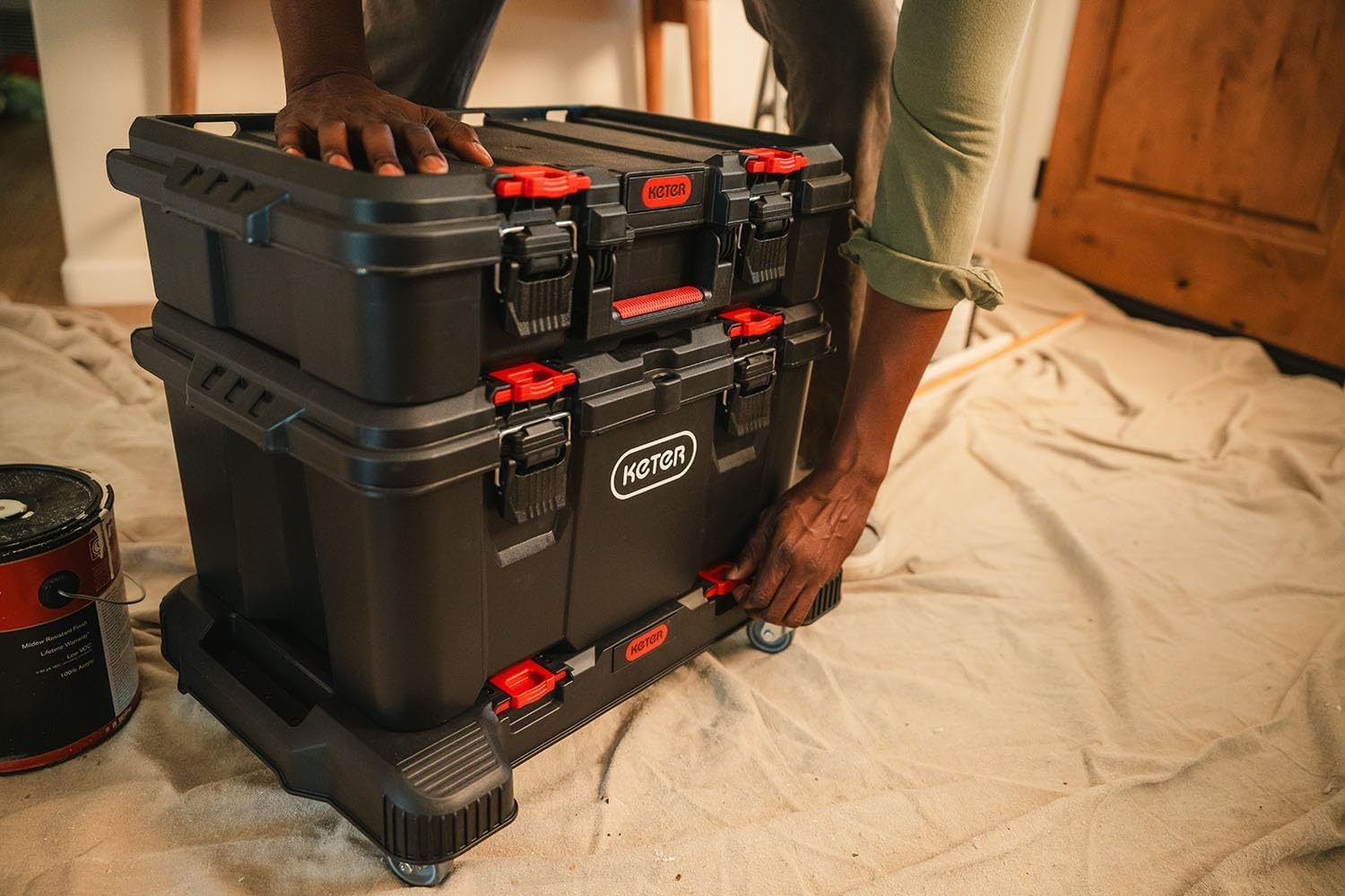 image:imageStack N Roll 4Piece Rolling Tool Storage System Includes Large Rolling Tool Box 2Drawer Tool Box amp 2 Tray Organizers Modular Stackable Tool Storage with Wheels for Garage amp Workshop3PC with Dolly
