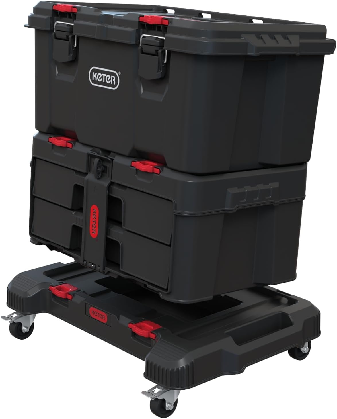 image:imageStack N Roll 4Piece Rolling Tool Storage System Includes Large Rolling Tool Box 2Drawer Tool Box amp 2 Tray Organizers Modular Stackable Tool Storage with Wheels for Garage amp WorkshopDolly