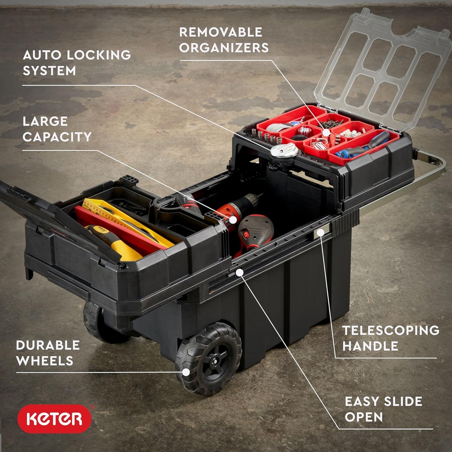 image:imageStack N Roll 4Piece Rolling Tool Storage System Includes Large Rolling Tool Box 2Drawer Tool Box amp 2 Tray Organizers Modular Stackable Tool Storage with Wheels for Garage amp WorkshopMasterloader