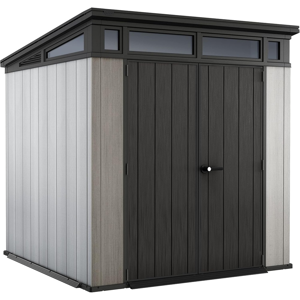 image:imageKeter Artisan 9x7 Foot Large Outdoor Shed with Floor with Modern Design for Patio Furniture Lawn Mower Tools and Bike Storage feet GreyBlack7x7