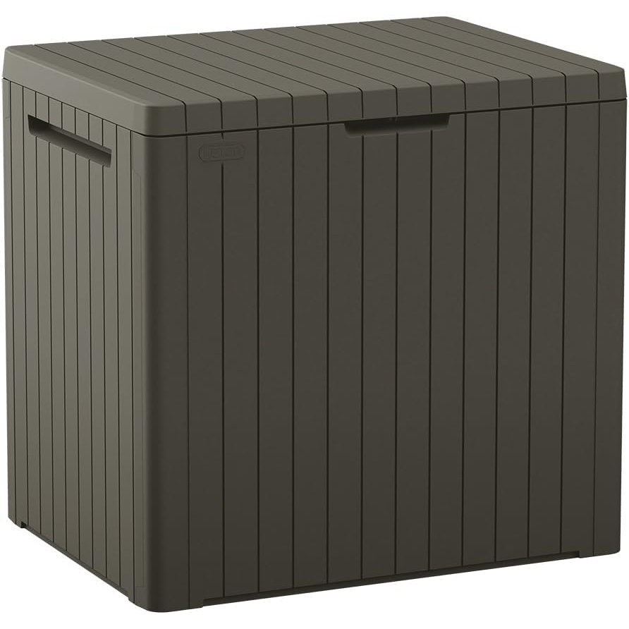 image:imageKeter City 30 Gallon Resin Outdoor Storage Box and Patio Furniture Side Table for Pool and Garden Accessories BeigeMossy Brown