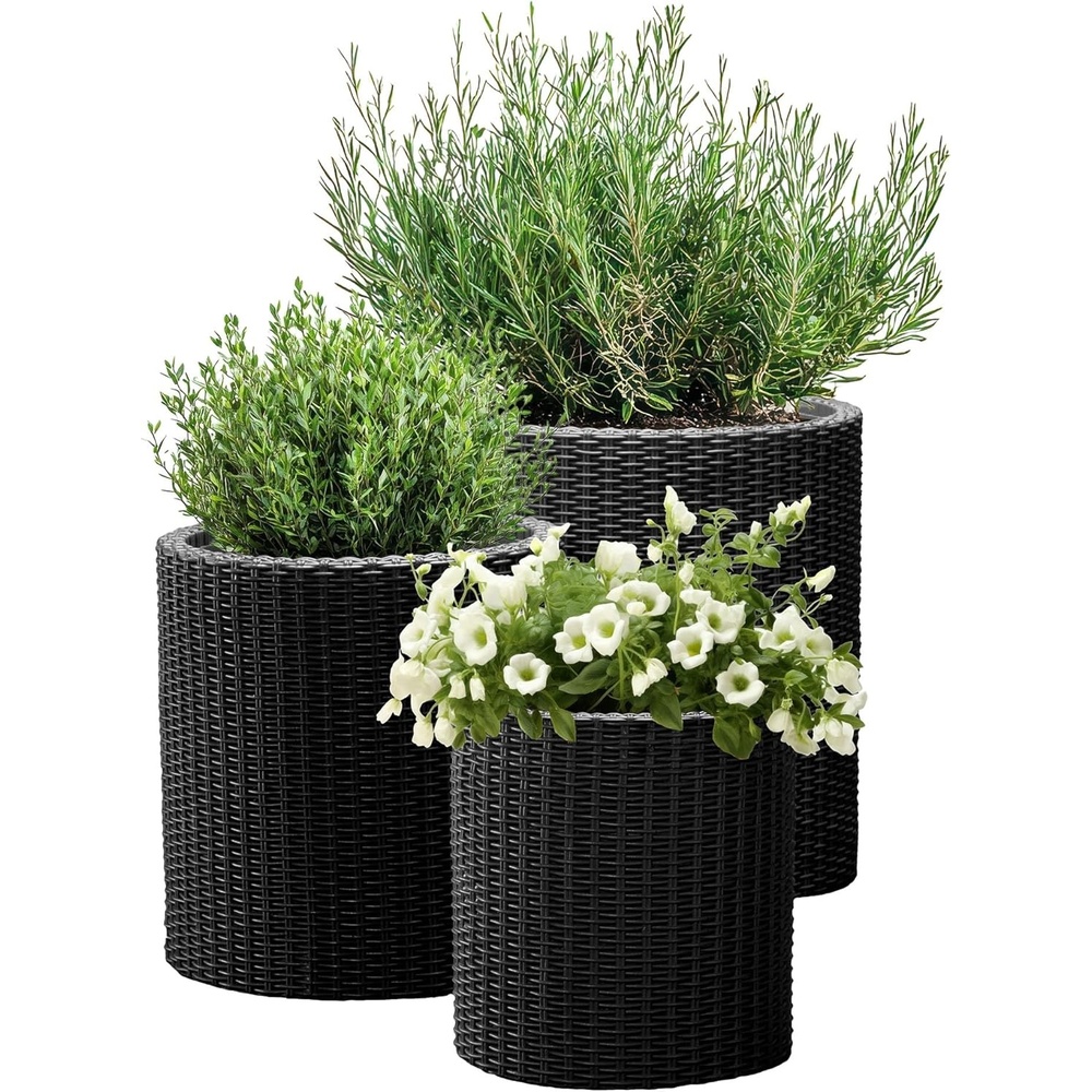 image:imageKeter Cylinder Set of 3 Rattan Resin Planter for Indoor and Outdoor Plants Ideal Decorative Planter for Porches and Patio Decor TaupeBlack