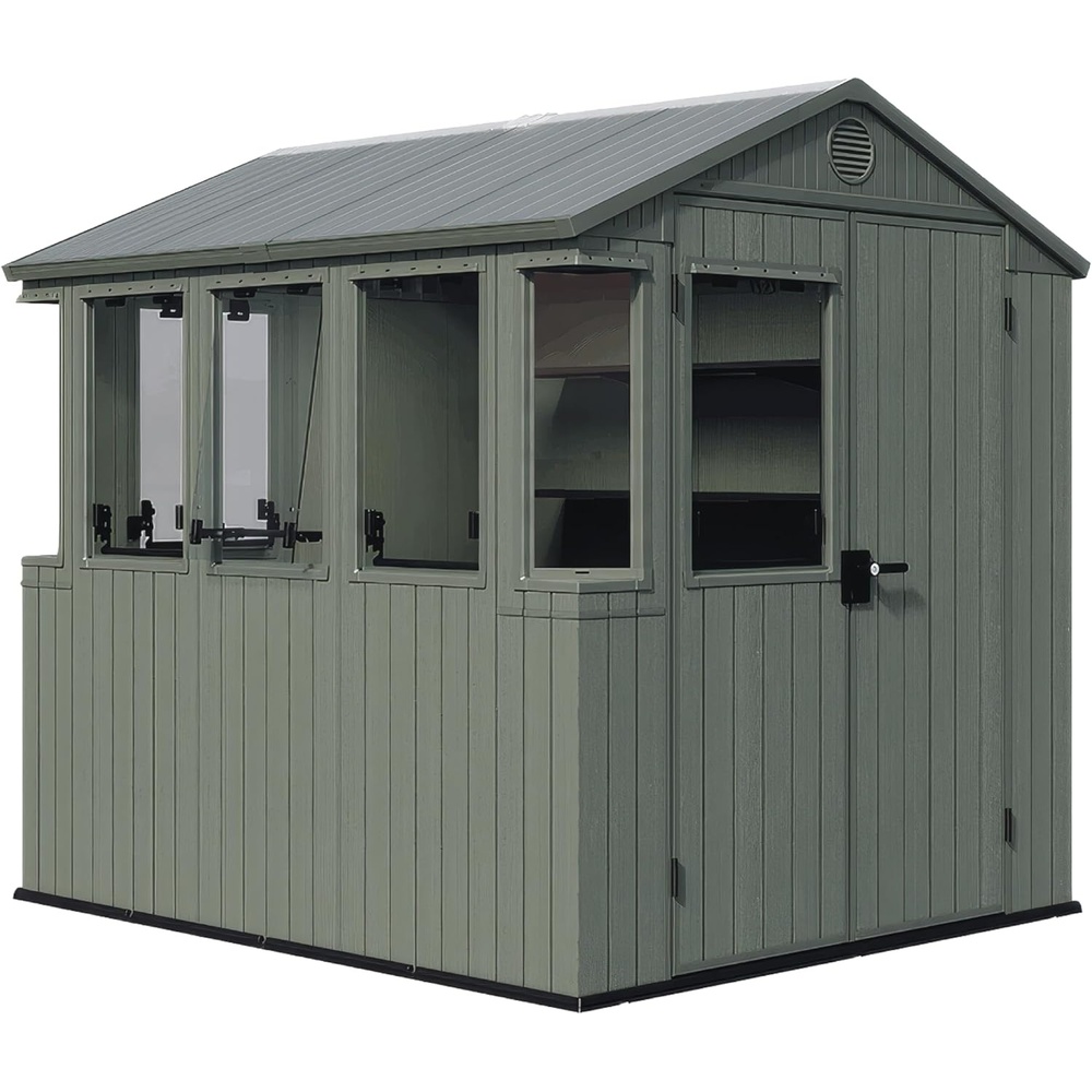 image:imageKeter Darwin 6x8 ft Potting Shed WeatherResistant Resin Greenhouse Shed with Windows Builtin Ventilation Double Lockable Doors amp Hybrid Translucent Roof Green