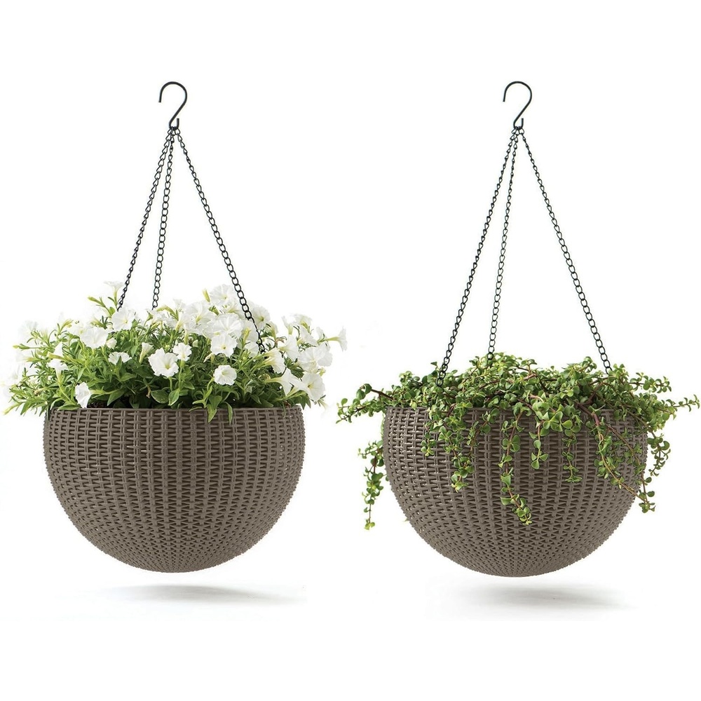 image:imageKeter Resin Rattan Set of 2 Round Hanging Planter Baskets for Indoor and Outdoor PlantsPerfect for Porches and Patio Decor CappuccinoTaupe