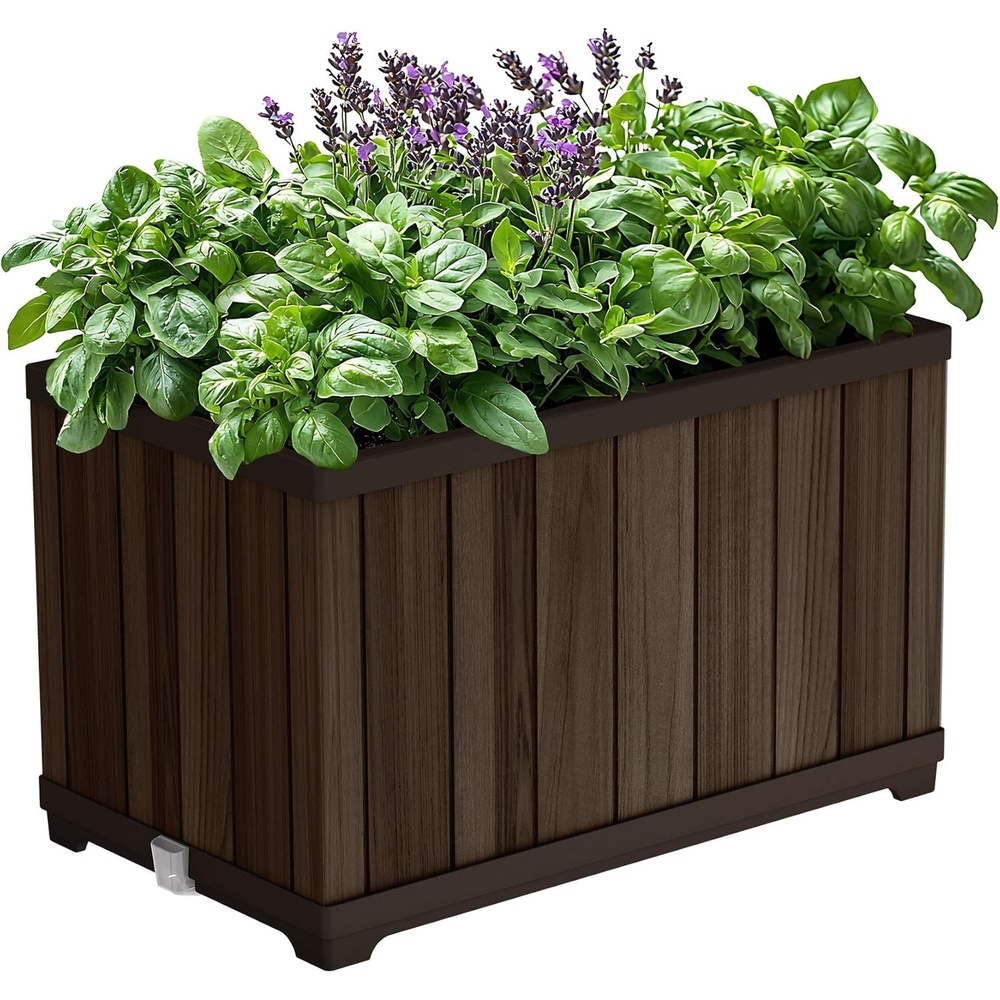 image:imageKeter Signature 216 Inch Tall Square Large Wood Look Planter for Indoor or Outdoor Flower Pot Ideal for Patio Deck and Front Porch Decor RosewoodRectangle