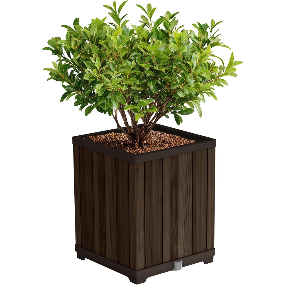 image:imageKeter Signature 216 Inch Tall Square Large Wood Look Planter for Indoor or Outdoor Flower Pot Ideal for Patio Deck and Front Porch Decor RosewoodSquare