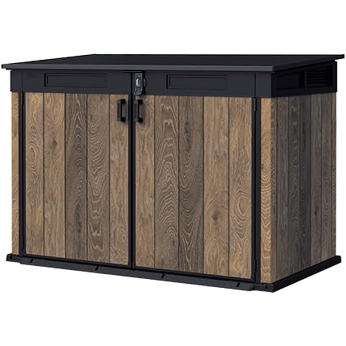 image:imageKeter Signature Collection All Weather Outdoor Storage Shed Durable Resin Garden Shed with Builtin Ventilation amp Lockable Double Doors Walnut Finish