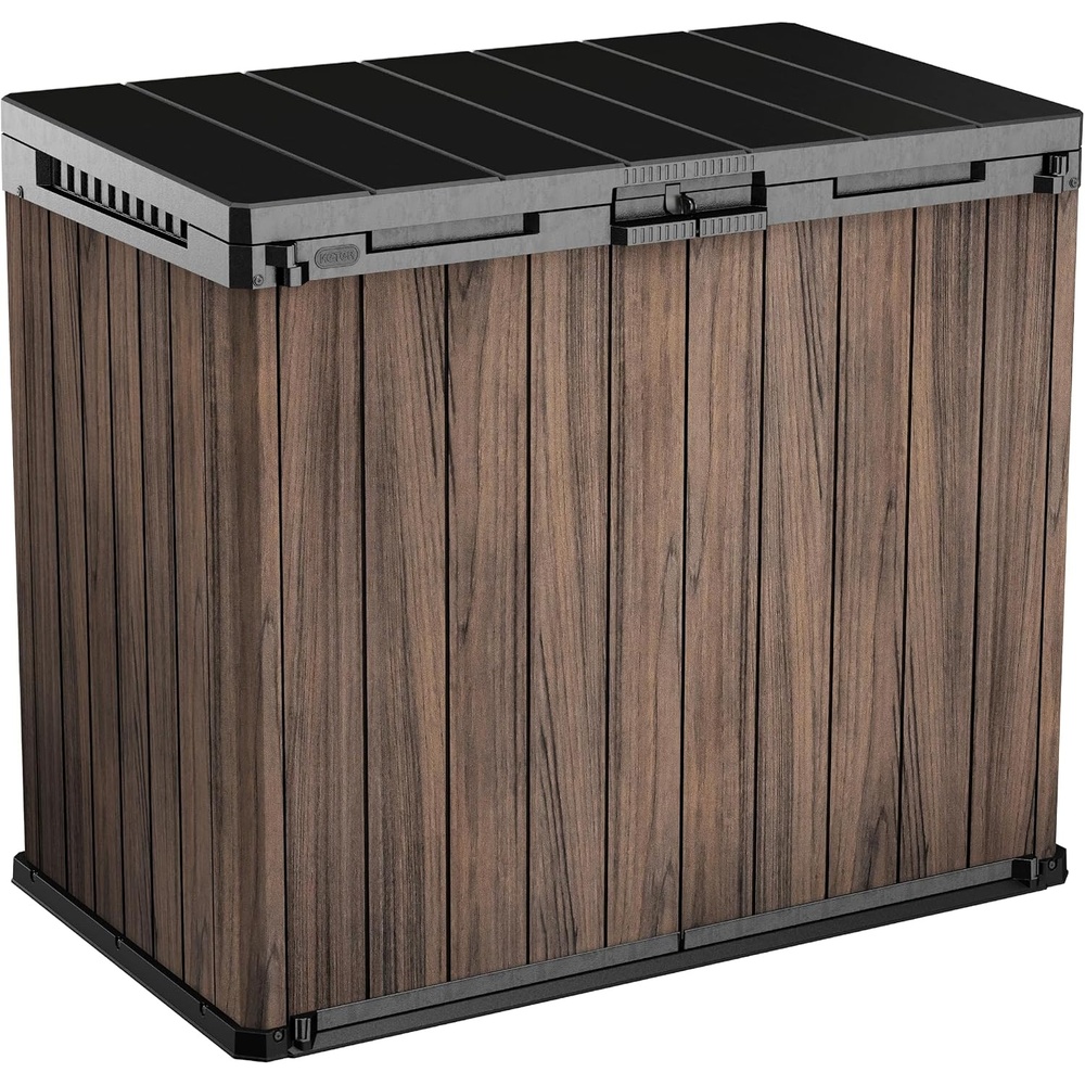 image:imageKeter Signature Collection Rosewood 4 ft x 25 ft Outdoor Horizontal Storage Shed Brown WoodLook Resin Shed with Flat Roof WeatherResistant Patio Storage for Trash Cans Tools amp Garden Equipment
