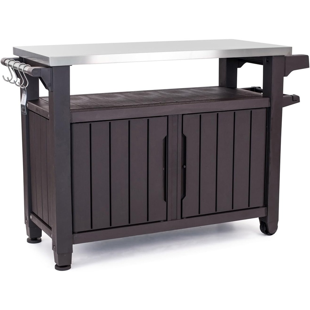 image:imageKeter Unity XL Portable Outdoor Table with Stainless Steel Top for Kitchen Prep and Outdoor Storage Cabinet for Grilling Accessories Dark GreyBrown