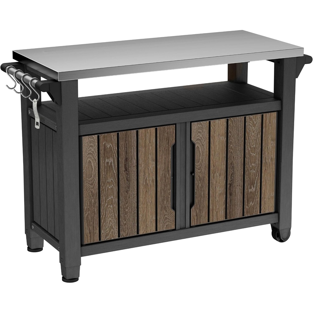 image:imageKeter Unity XL Portable Outdoor Table with Stainless Steel Top for Kitchen Prep and Outdoor Storage Cabinet for Grilling Accessories Dark GreyWalnut