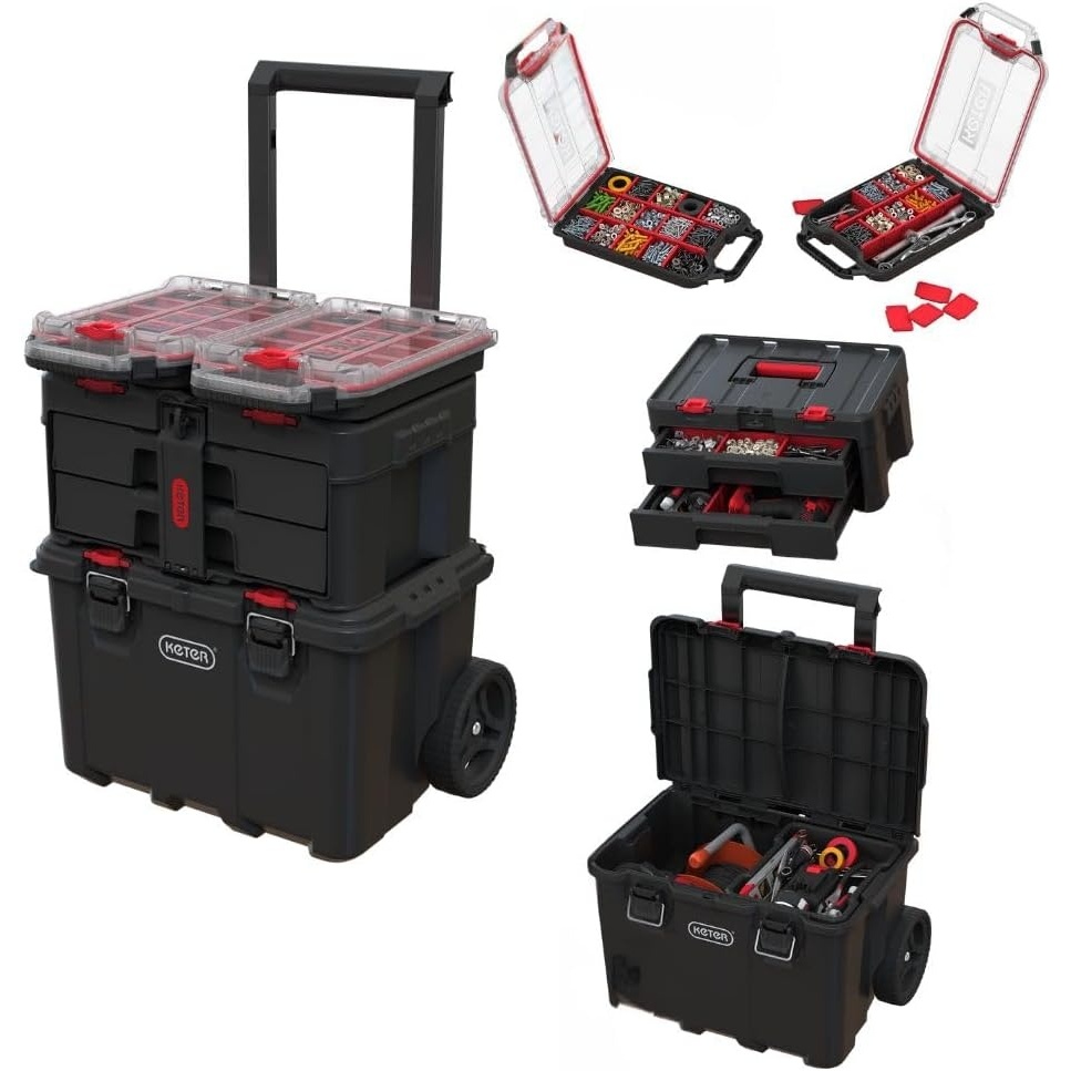 image:imageStack N Roll 4Piece Rolling Tool Storage System Includes Large Rolling Tool Box 2Drawer Tool Box amp 2 Tray Organizers Modular Stackable Tool Storage with Wheels for Garage amp Workshop4PC System