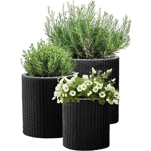 image:imageKeter Cylinder Set of 3 Rattan Resin Planter for Indoor and Outdoor Plants Ideal Decorative Planter for Porches and Patio Decor TaupeBlack