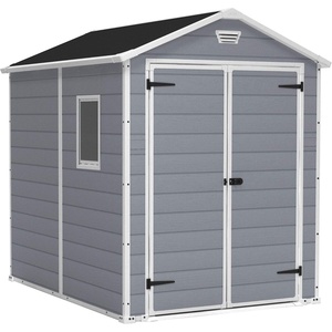 image:imageKeter Manor 6x8 Foot All Weather Garden Tool Outdoor Storage Shed with Lockable Double Doors Fixed Window and Woodlook Resin Walls Grey6x8