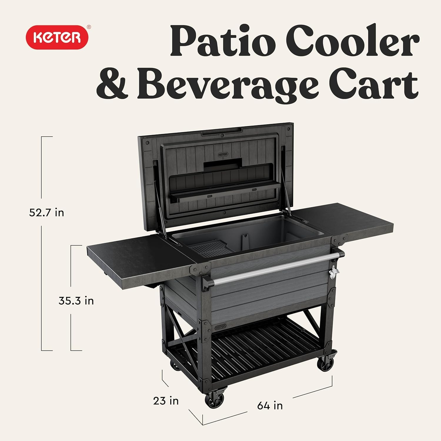 image:imageKeter 898 Qt Portable Outdoor Patio Cooling Chest Ice Chest Beverage Party Bar Cart Table with Swivel Wheels Shelves and Bottle Opener Graphite