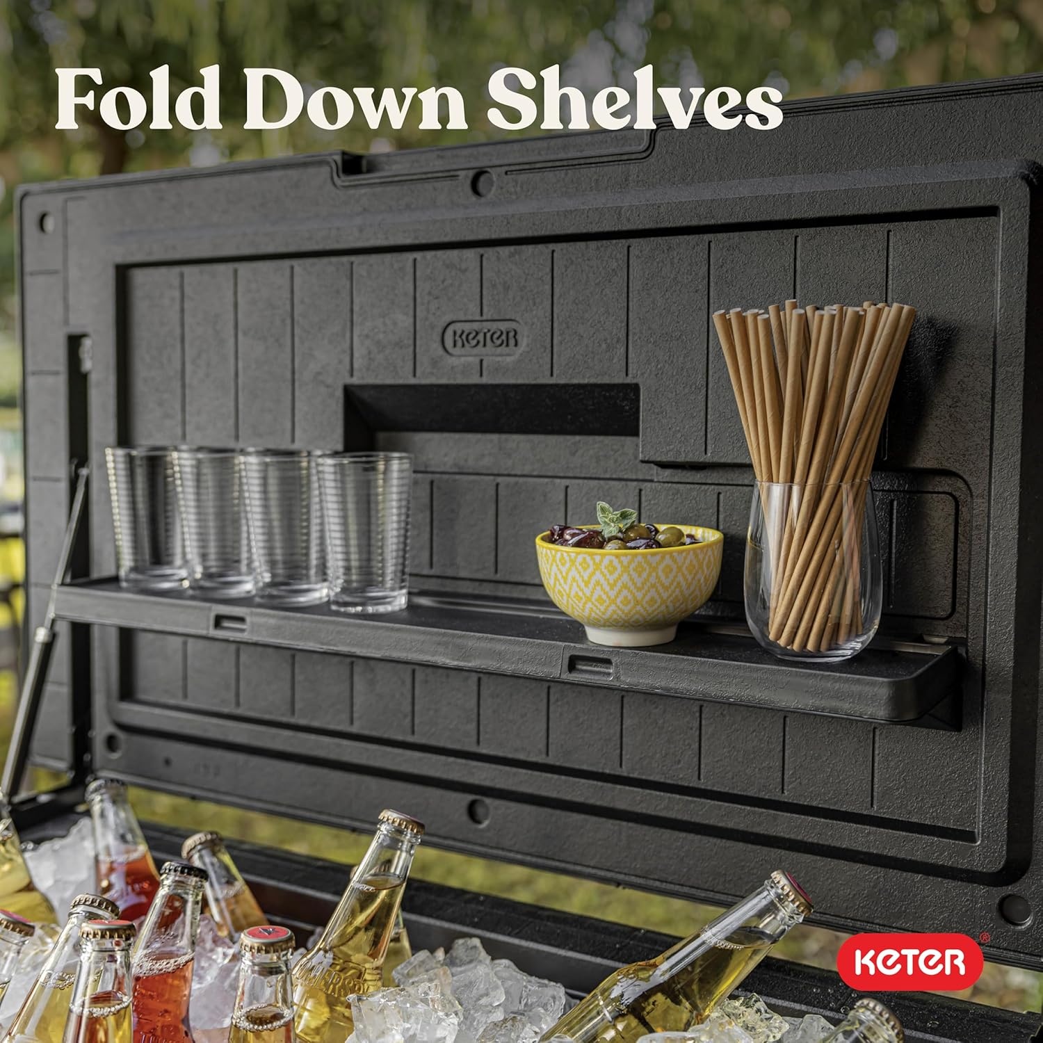 image:imageKeter 898 Qt Portable Outdoor Patio Cooling Chest Ice Chest Beverage Party Bar Cart Table with Swivel Wheels Shelves and Bottle Opener Graphite
