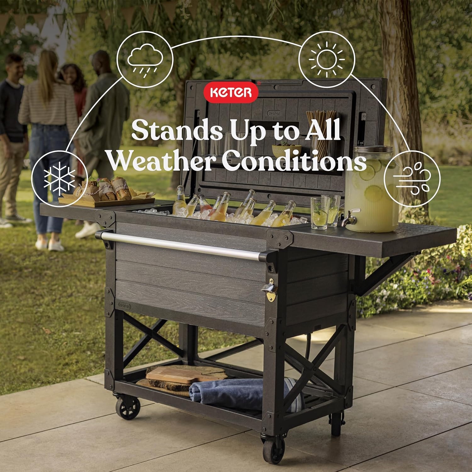 image:imageKeter 898 Qt Portable Outdoor Patio Cooling Chest Ice Chest Beverage Party Bar Cart Table with Swivel Wheels Shelves and Bottle Opener Graphite