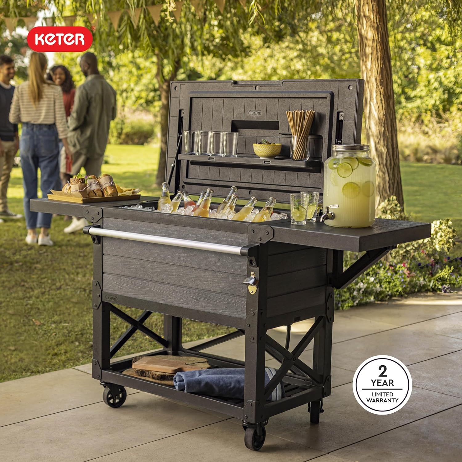 image:imageKeter 898 Qt Portable Outdoor Patio Cooling Chest Ice Chest Beverage Party Bar Cart Table with Swivel Wheels Shelves and Bottle Opener Graphite