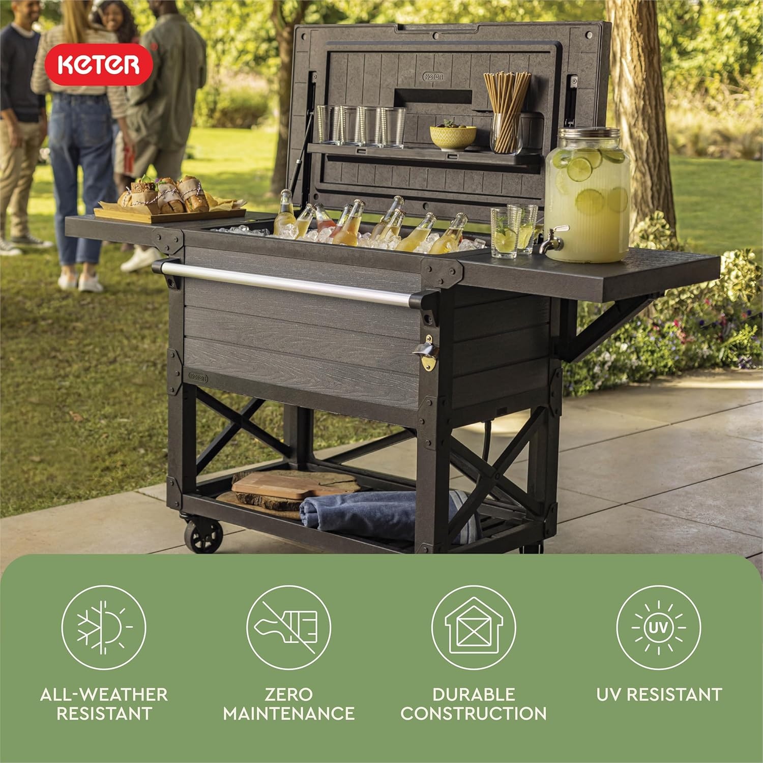 image:imageKeter 898 Qt Portable Outdoor Patio Cooling Chest Ice Chest Beverage Party Bar Cart Table with Swivel Wheels Shelves and Bottle Opener Graphite