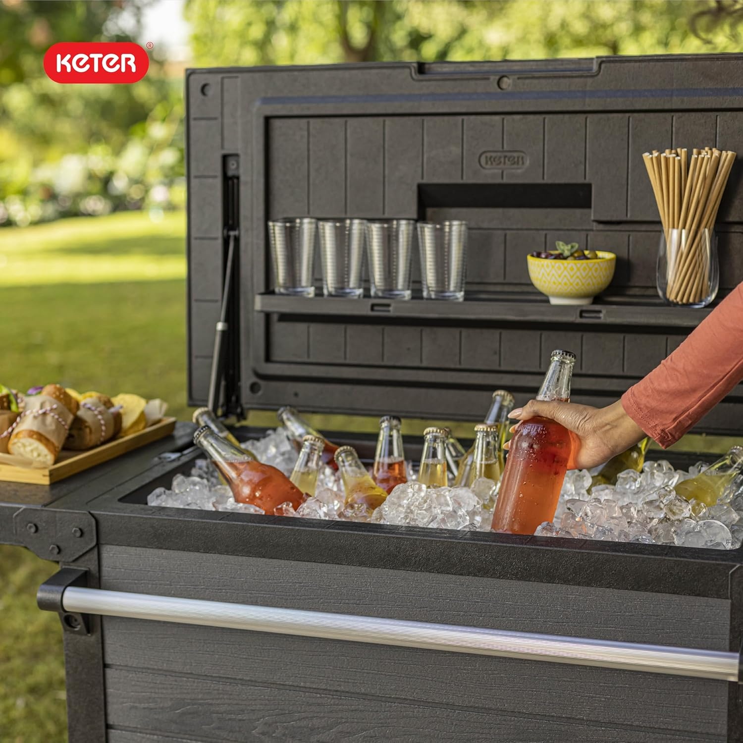 image:imageKeter 898 Qt Portable Outdoor Patio Cooling Chest Ice Chest Beverage Party Bar Cart Table with Swivel Wheels Shelves and Bottle Opener Graphite