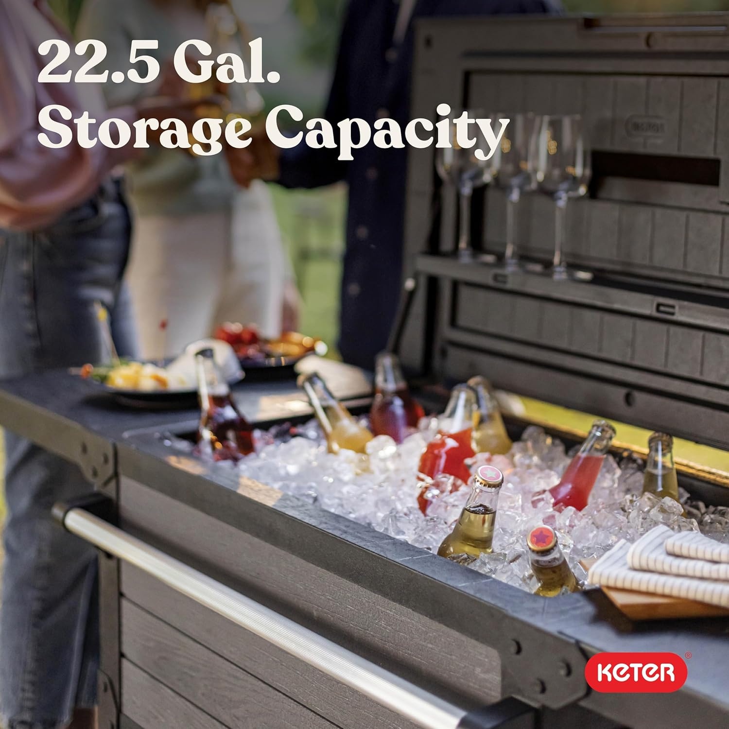 image:imageKeter 898 Qt Portable Outdoor Patio Cooling Chest Ice Chest Beverage Party Bar Cart Table with Swivel Wheels Shelves and Bottle Opener Graphite
