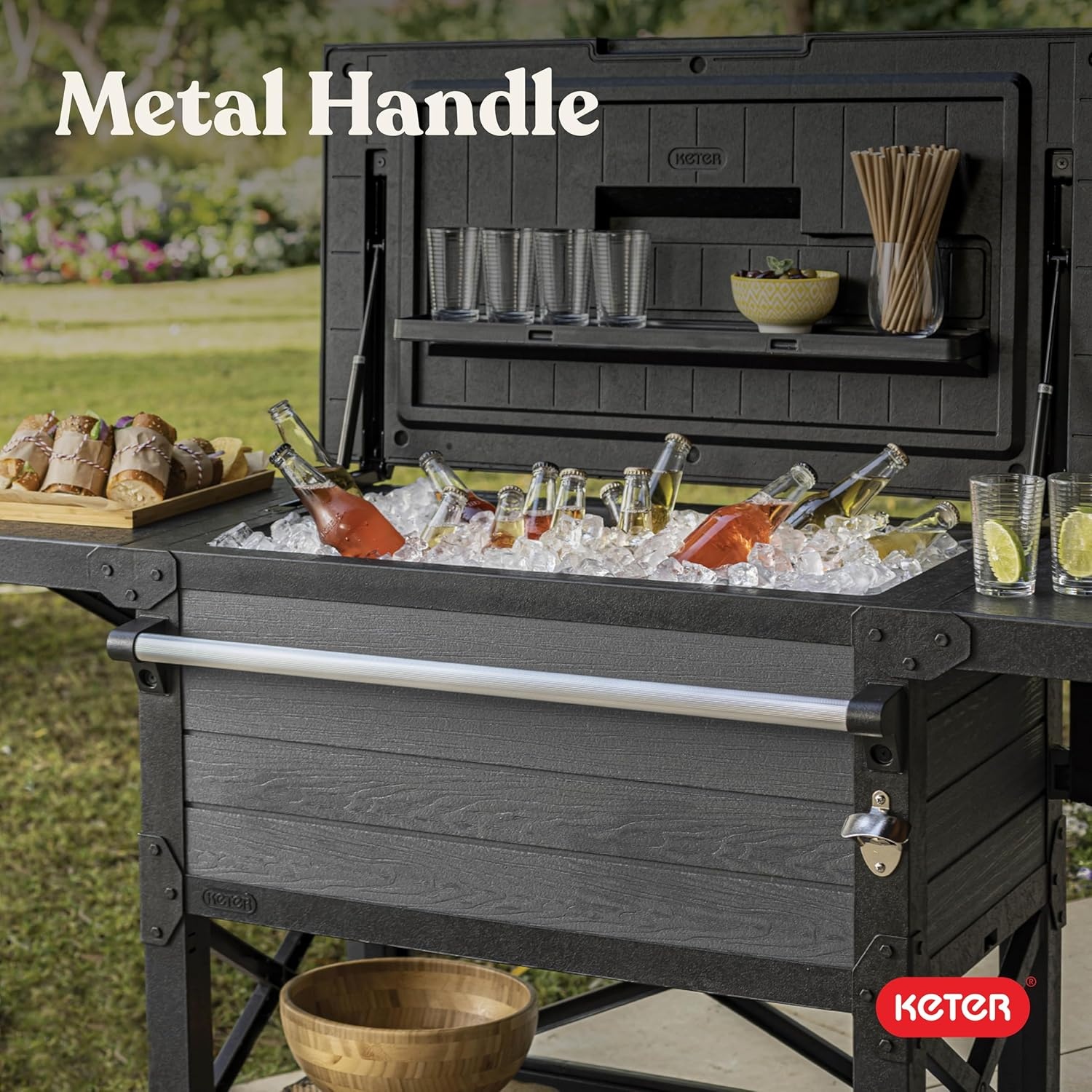 image:imageKeter 898 Qt Portable Outdoor Patio Cooling Chest Ice Chest Beverage Party Bar Cart Table with Swivel Wheels Shelves and Bottle Opener Graphite