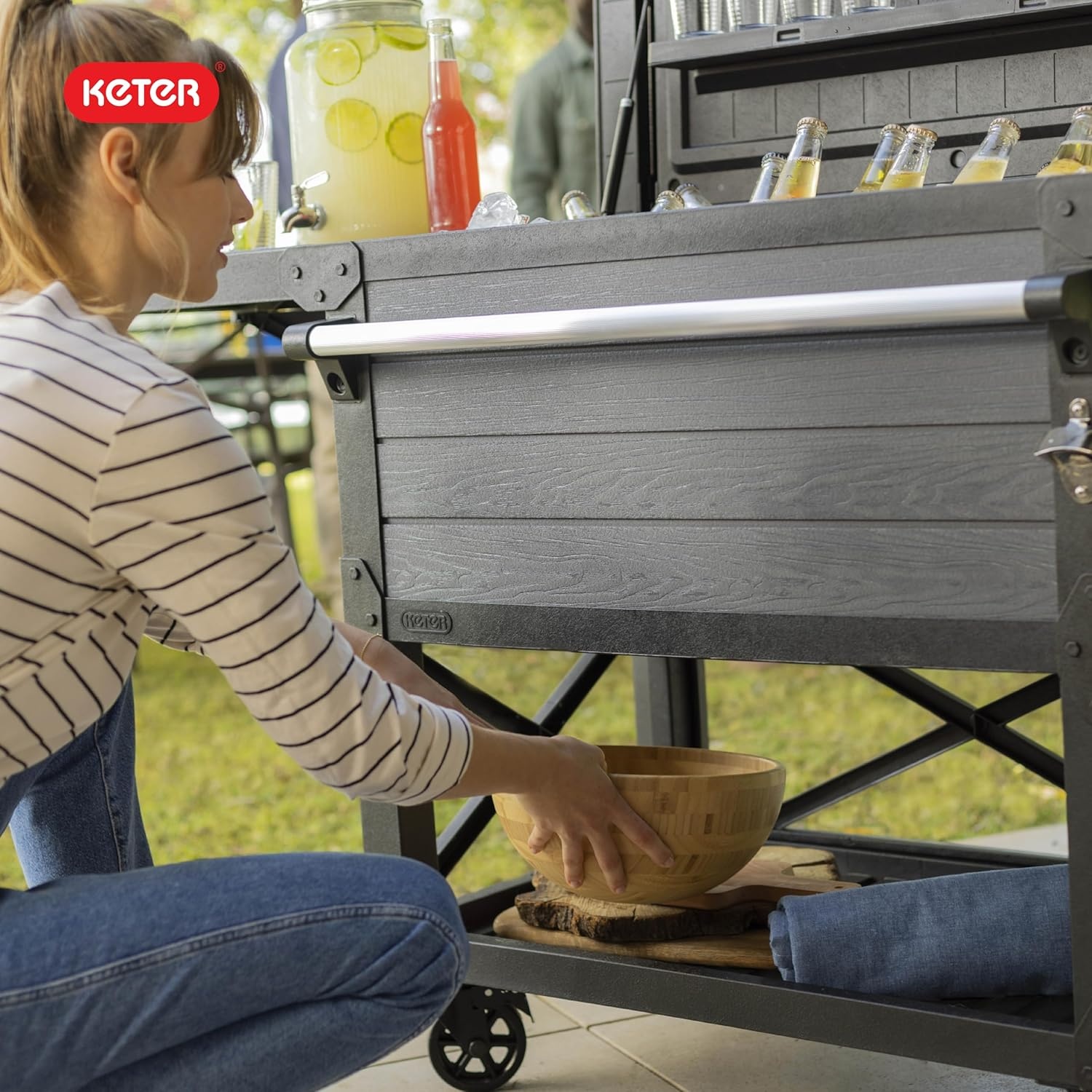 image:imageKeter 898 Qt Portable Outdoor Patio Cooling Chest Ice Chest Beverage Party Bar Cart Table with Swivel Wheels Shelves and Bottle Opener Graphite