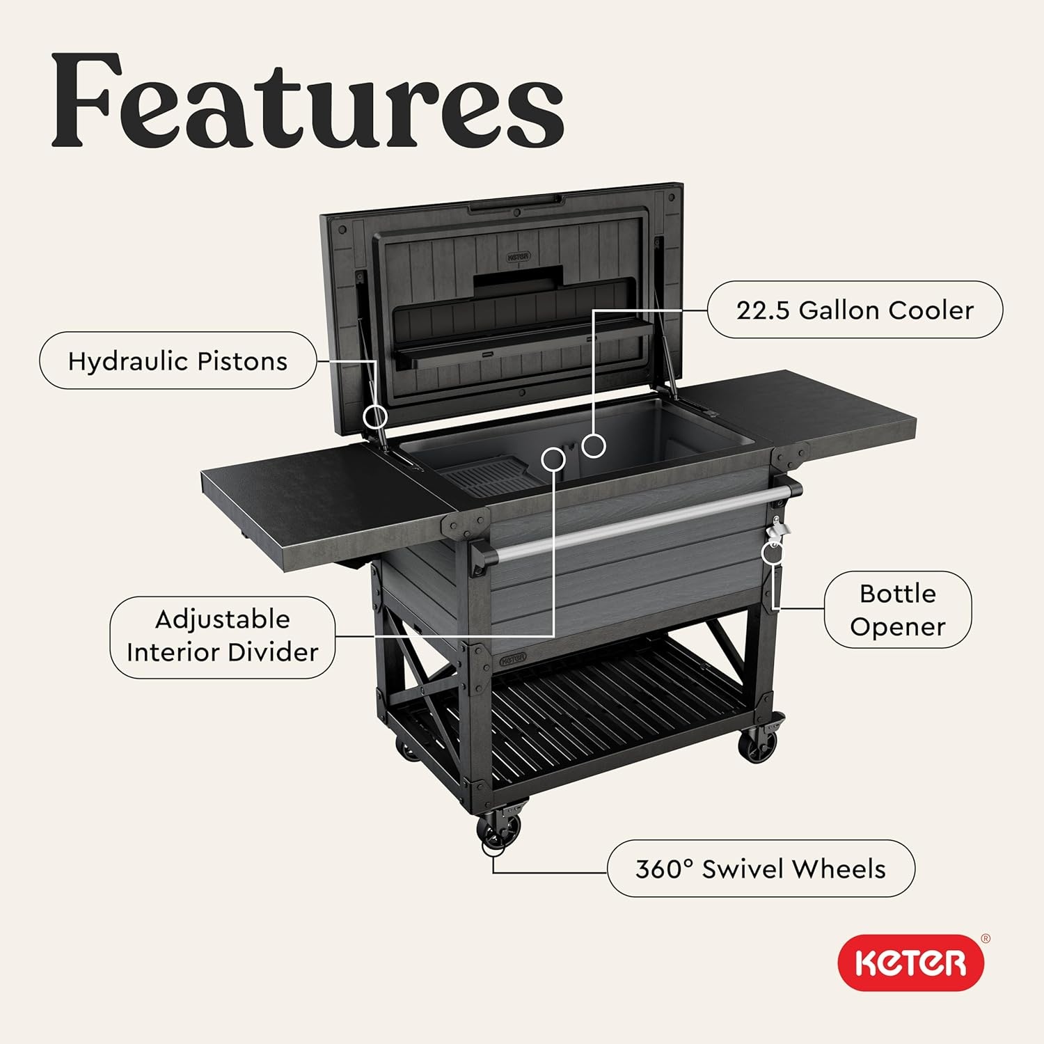 image:imageKeter 898 Qt Portable Outdoor Patio Cooling Chest Ice Chest Beverage Party Bar Cart Table with Swivel Wheels Shelves and Bottle Opener Graphite