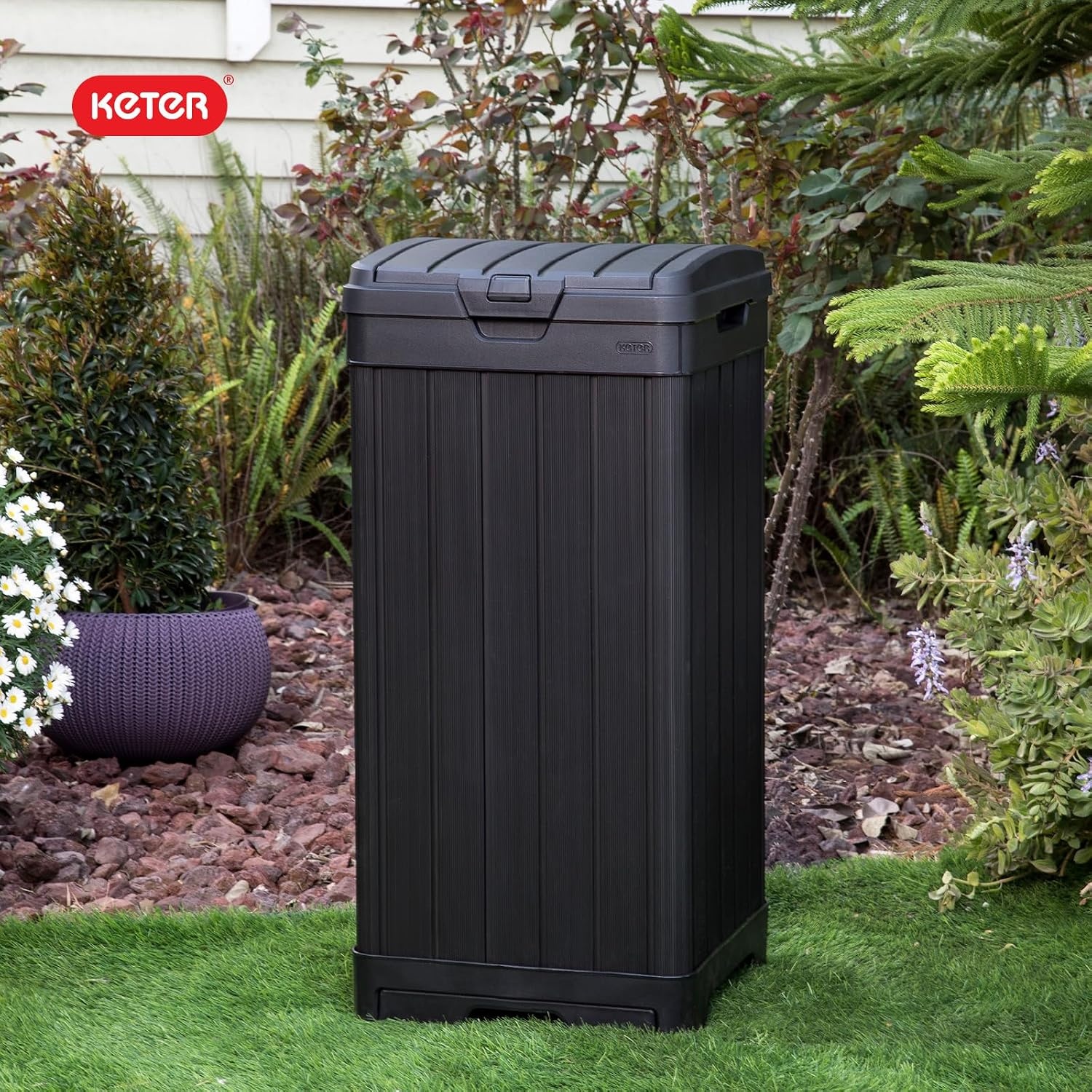 image:imageKeter Baltimore Resin 38 Gallon Outdoor Kitchen Trash Can with Lid and Drip Tray for Easy CleaningPerfect for Patio Dining BlackBaltimore