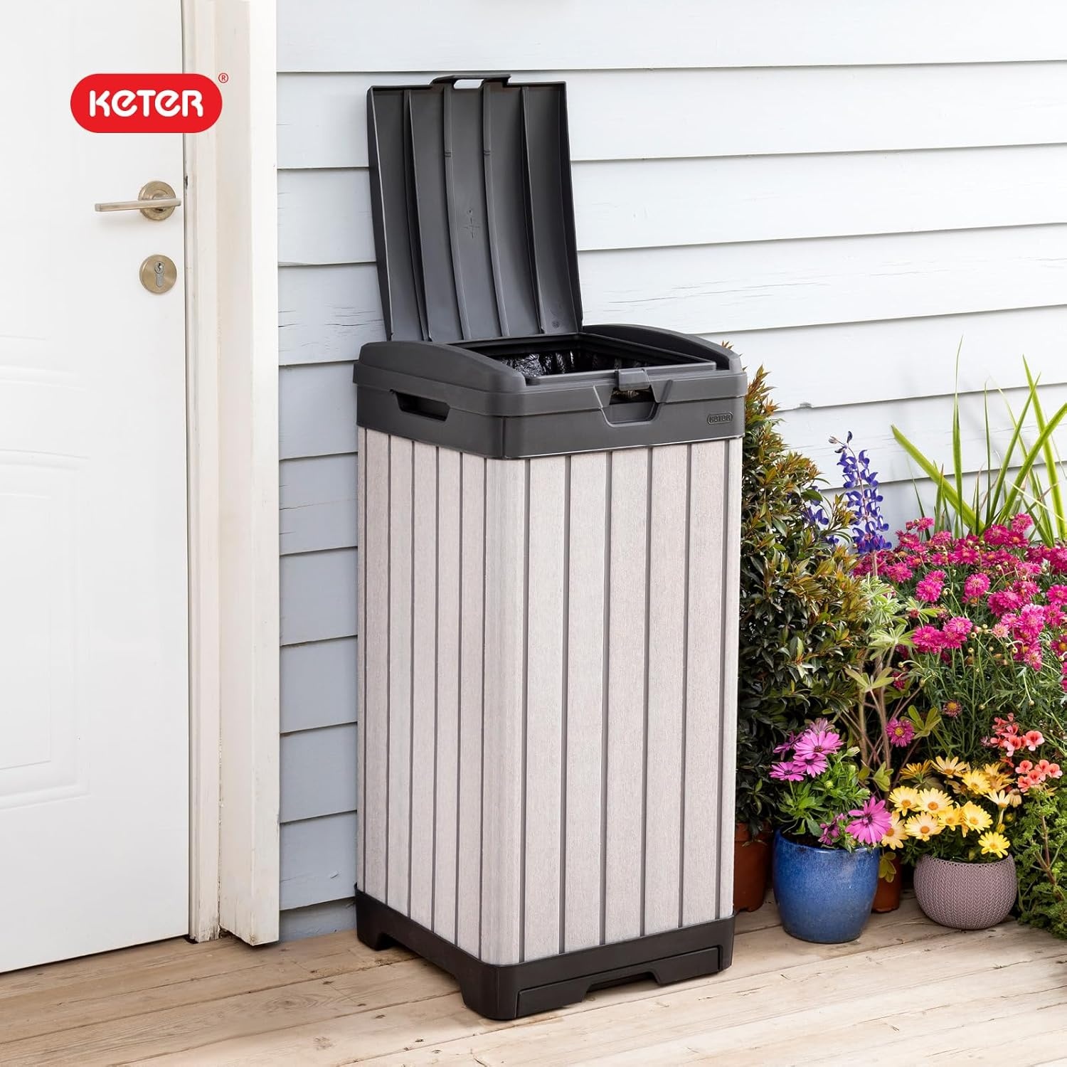 image:imageKeter Baltimore Resin 38 Gallon Outdoor Kitchen Trash Can with Lid and Drip Tray for Easy CleaningPerfect for Patio Dining BlackRockford